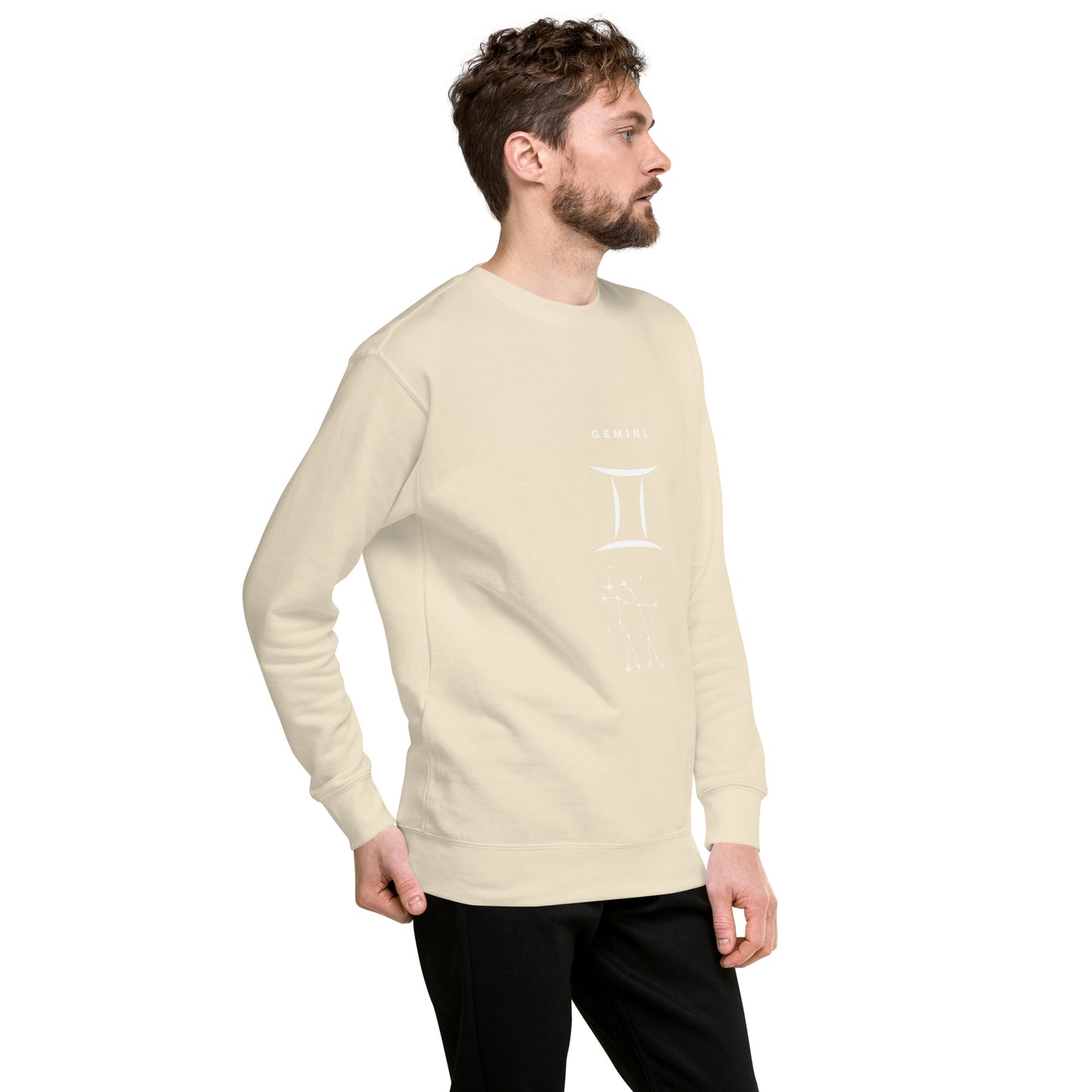 Image 102 of selected colour Twin Signal Sweatshirt - Left Placement, with Gemini artwork visible in front view, right-side angle.