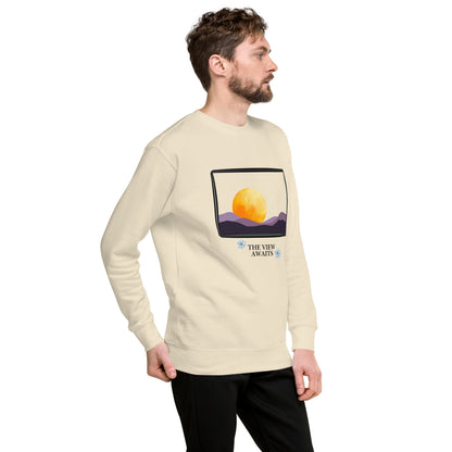 Image 102 of selected colour Avenor Sweatshirt, with The View Awaits artwork visible in front view, right-side angle.