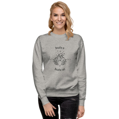 Image 2 of Black Exhale Sweatshirt - Left Placement, size M, with Breathe in and Breathe Out artwork visible in front view.
