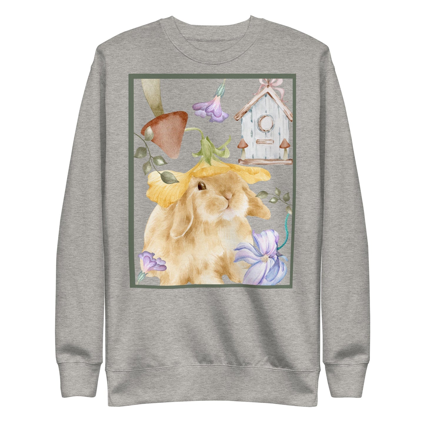 Image 9 of Navy Blazer Meadow Club Sweatshirt - Left Placement, size L, with Bunny Collage artwork visible in front view.