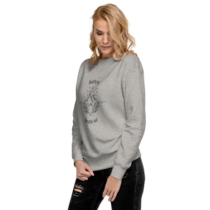 Exhale Sweatshirt - Left Placement image 3: Black version, size L with front view, left-side angle of the Breathe in and Breathe Out range.