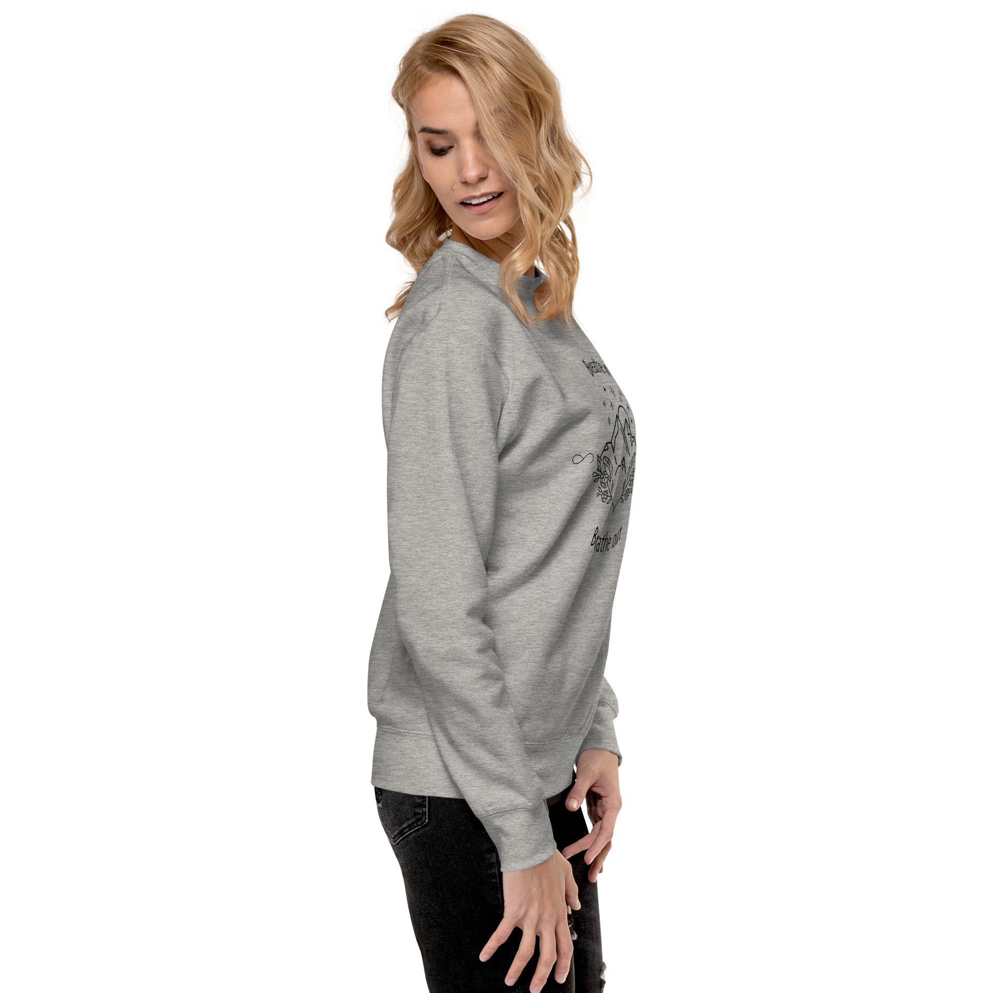 Exhale Sweatshirt - Left Placement image 6 in Black, size 3XL, showing right-side angle for the Breathe in and Breathe Out design.