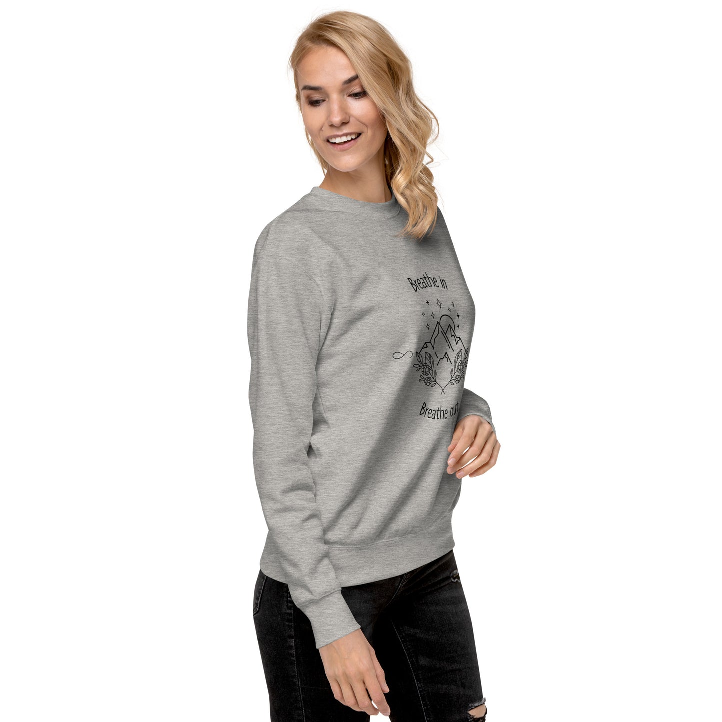 Image 4 of Black Exhale Sweatshirt - Left Placement, size XL, with Breathe in and Breathe Out artwork visible in front view, right-side angle.