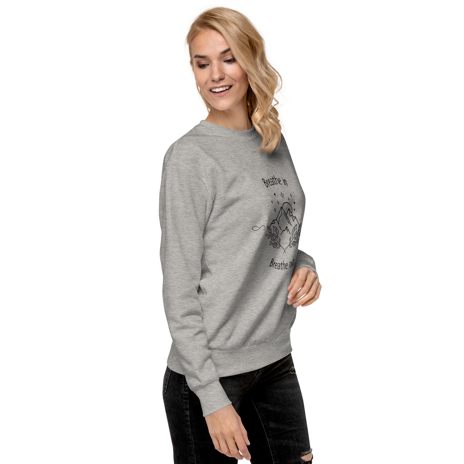 Image 4 of Black Exhale Sweatshirt - Left Placement, size XL, with Breathe in and Breathe Out artwork visible in front view, right-side angle.