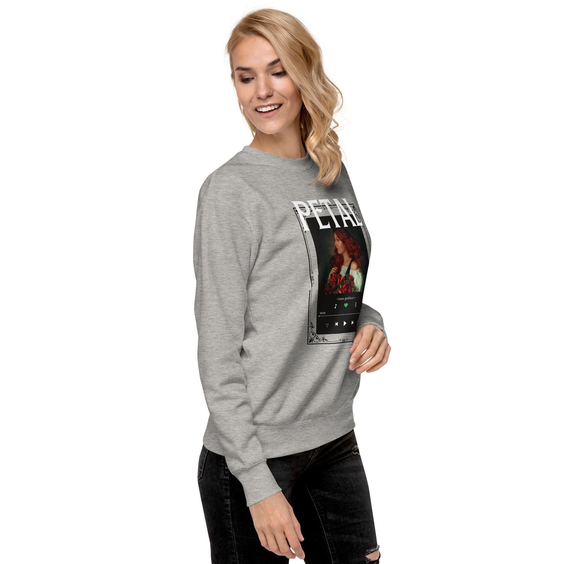 Petaline Sweatshirt by R.A. Apparel, image 88, front view, right-side angle, Sky Blue, size L, design placement.