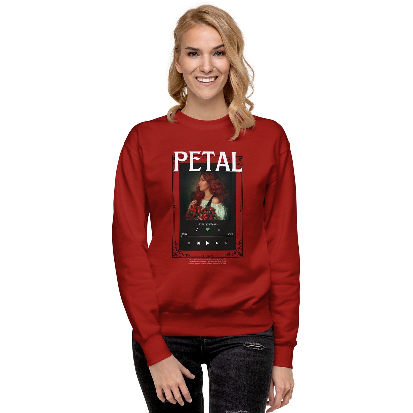 Petaline Sweatshirt by R.A. Apparel, image 16, front view, Charcoal Heather, size S, design placement.