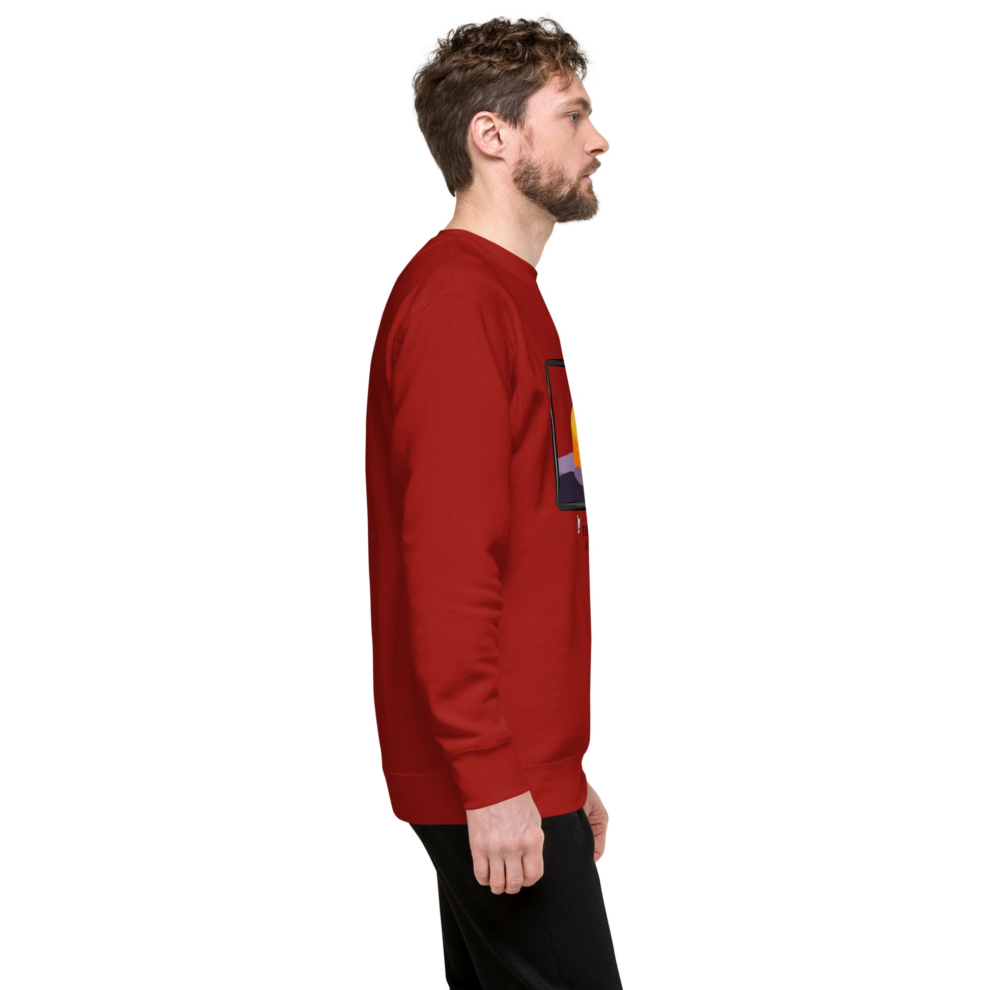 Image 17 of Charcoal Heather Avenor Sweatshirt, size M, with The View Awaits artwork visible in right-side angle.