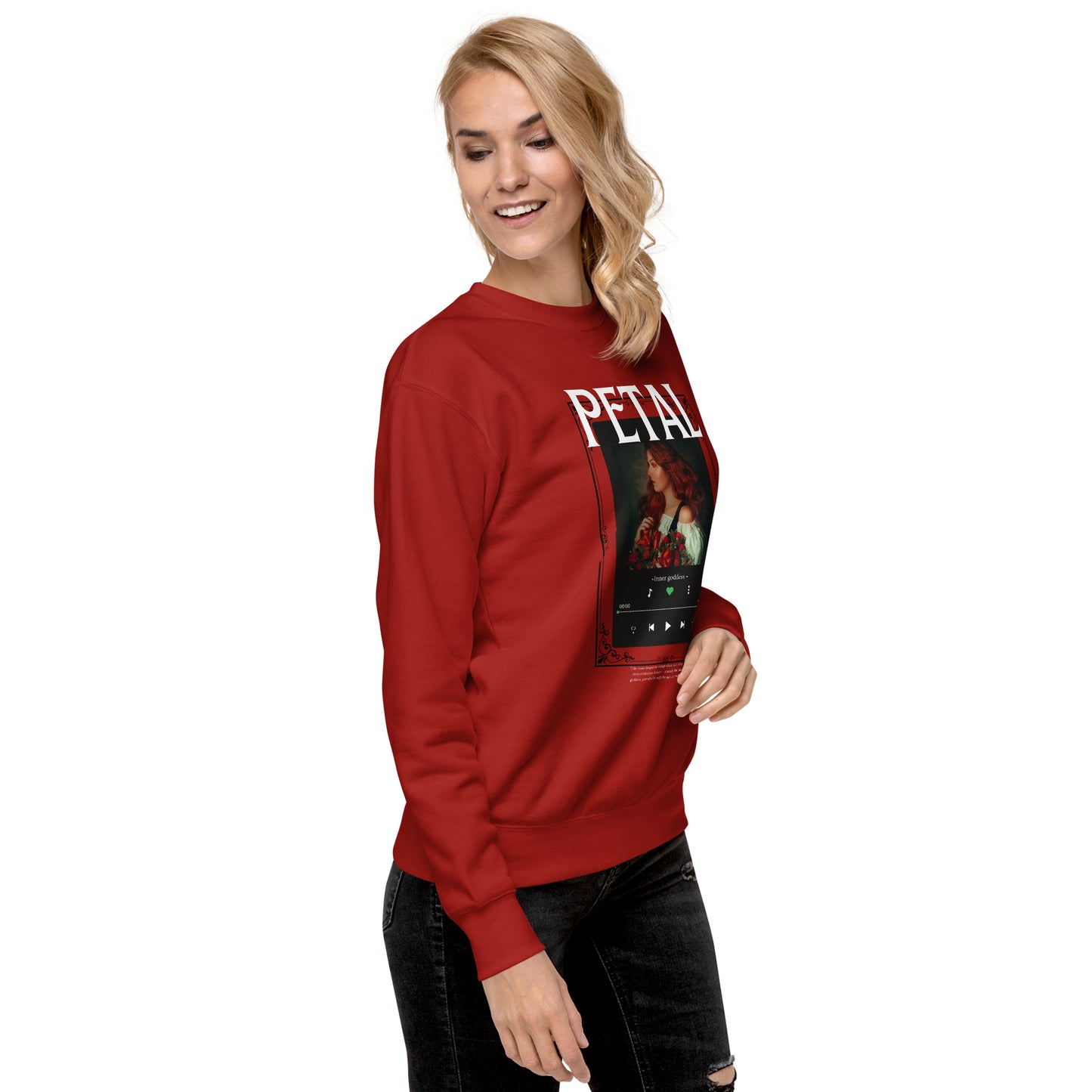 Image 18 of Charcoal Heather Petaline Sweatshirt, size L, with Petal artwork visible in front view, right-side angle.