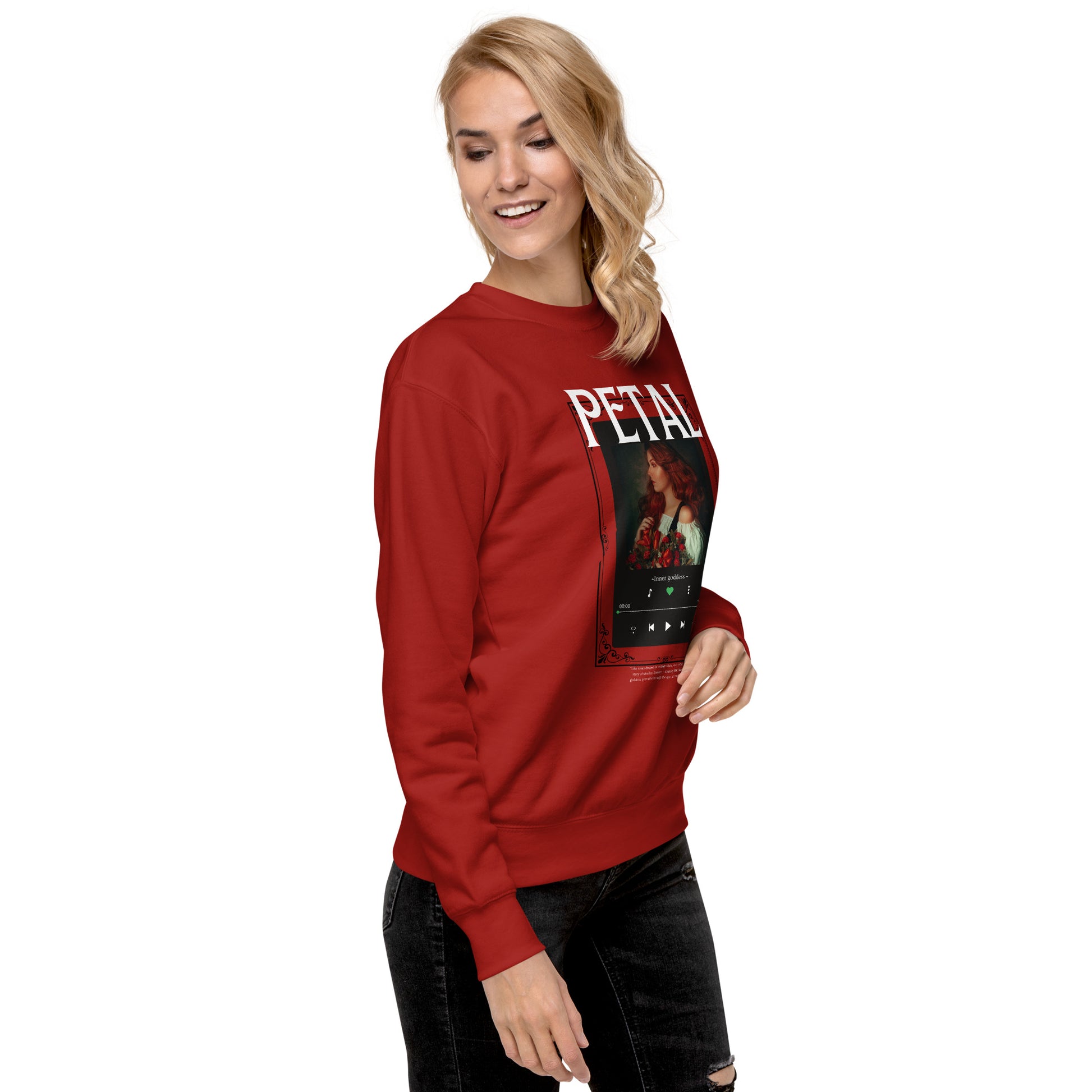 Image 18 of Charcoal Heather Petaline Sweatshirt, size L, with Petal artwork visible in front view, right-side angle.
