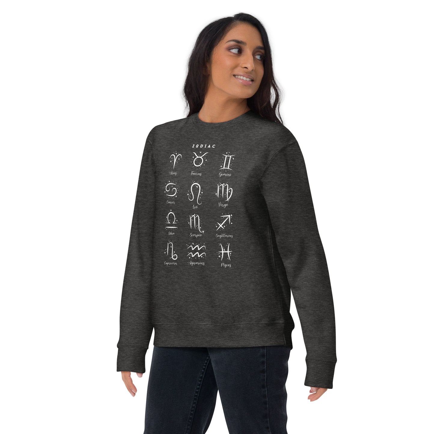 Astral Circle Sweatshirt - Left Placement image 7: Navy Blazer version, size L with front view of the Zodiac range.