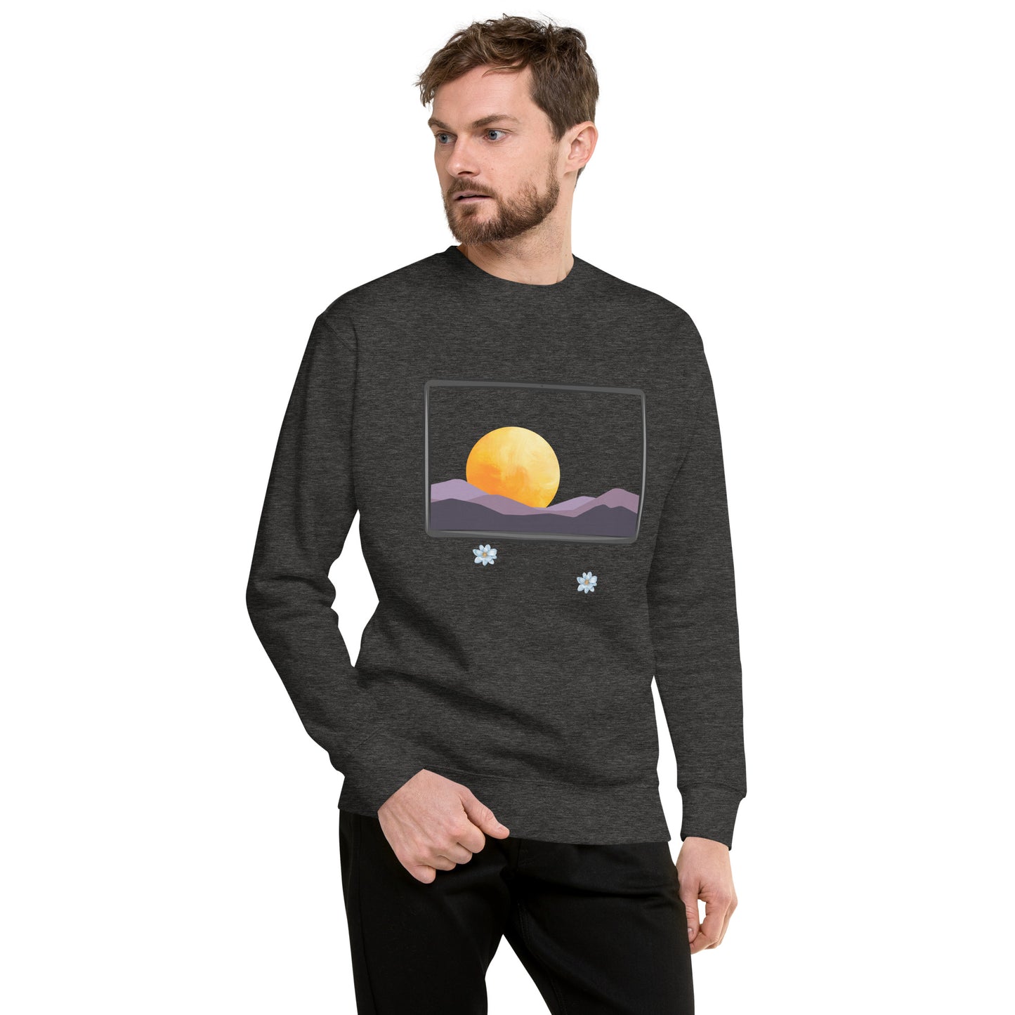 Image 19 of Charcoal Heather Avenor Sweatshirt, size XL, with The View Awaits artwork visible in front view.