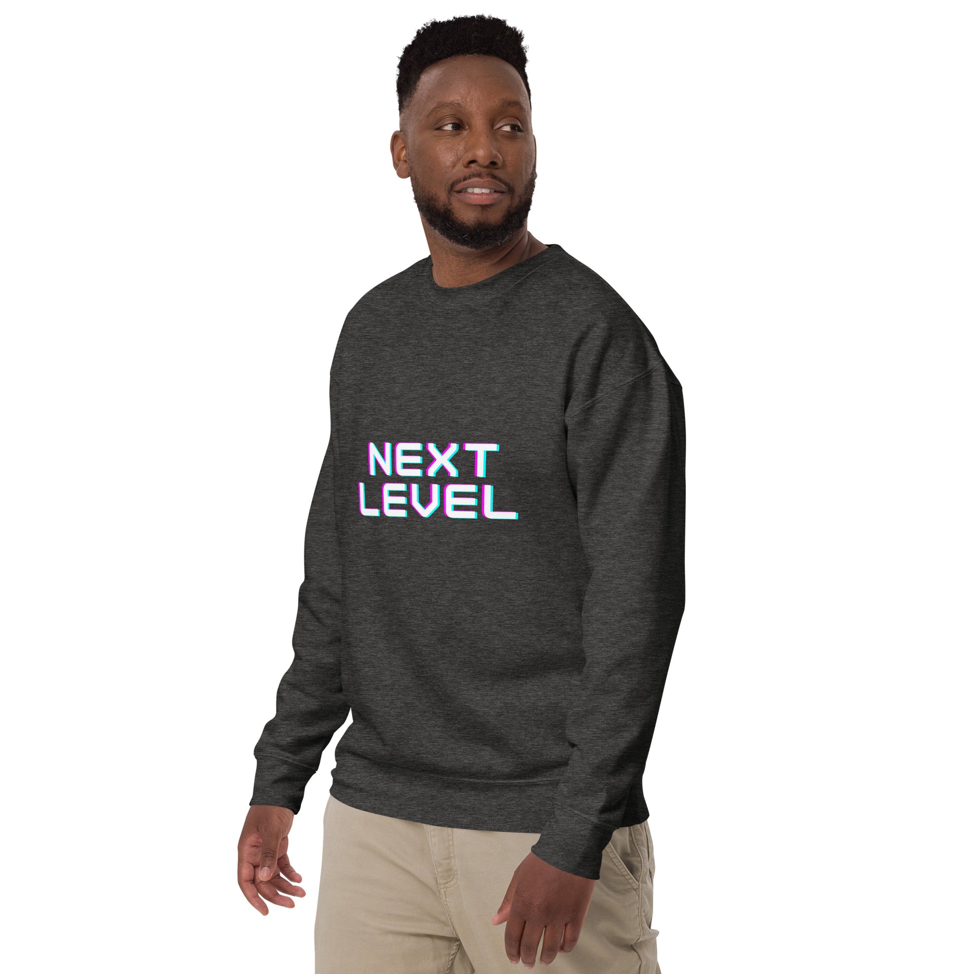 Image 14 of Charcoal Heather Ascender Sweatshirt - Left Placement, size M, with Next Level artwork visible in front view, left-side angle.