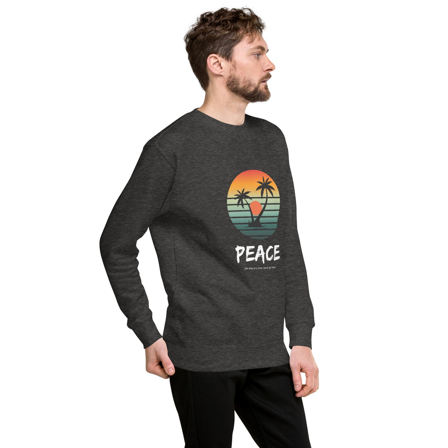 Quiet Peace Sweatshirt - Left Placement image 14 in Charcoal Heather, size M, showing front view, right-side angle for the Peace design.