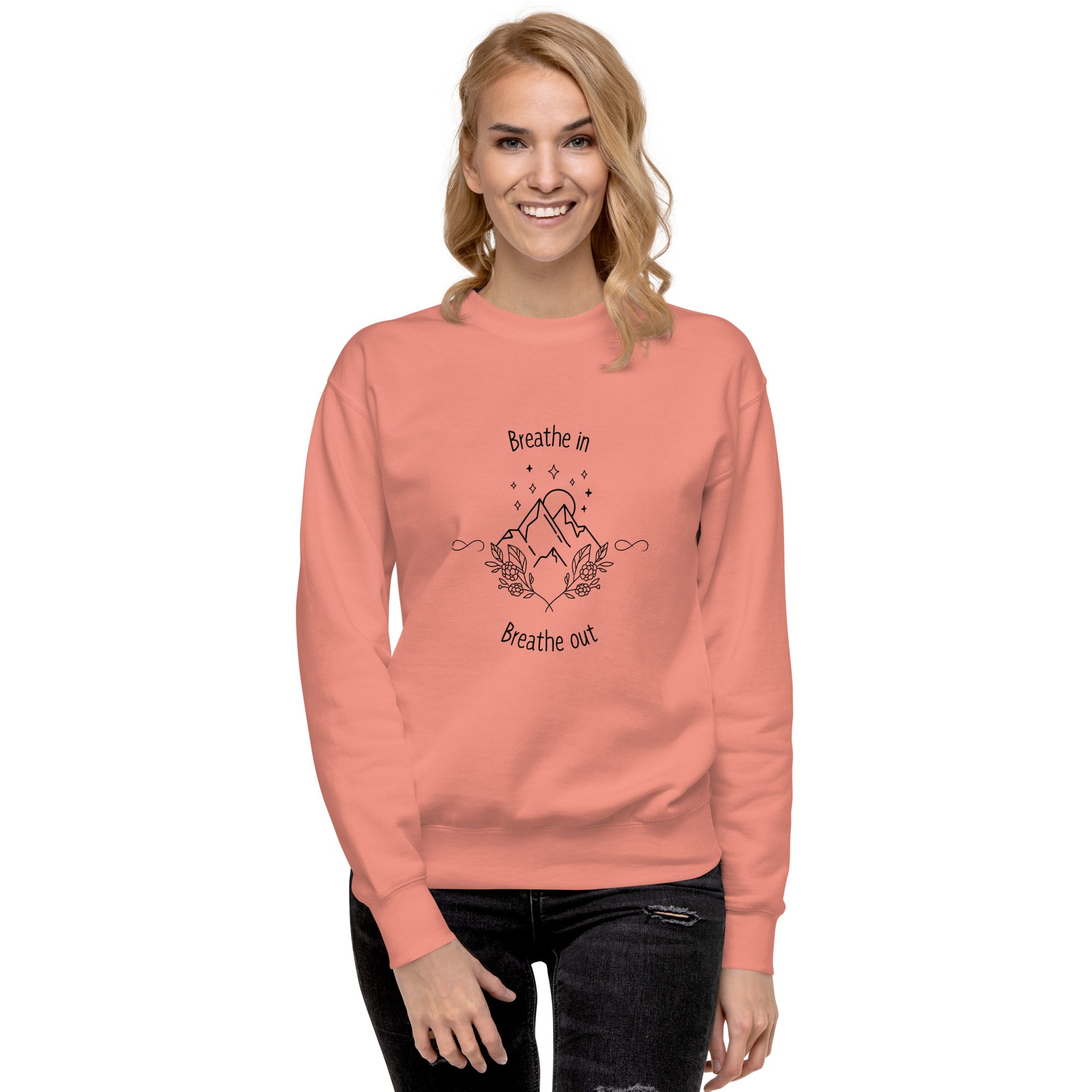 Exhale Sweatshirt - Left Placement image 37: Team Red version, size S with front view of the Breathe in and Breathe Out range.
