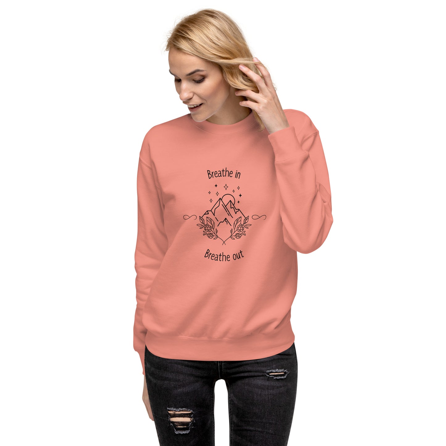 Exhale Sweatshirt - Left Placement image 36: Forest Green version, size 3XL with front view of the Breathe in and Breathe Out range.