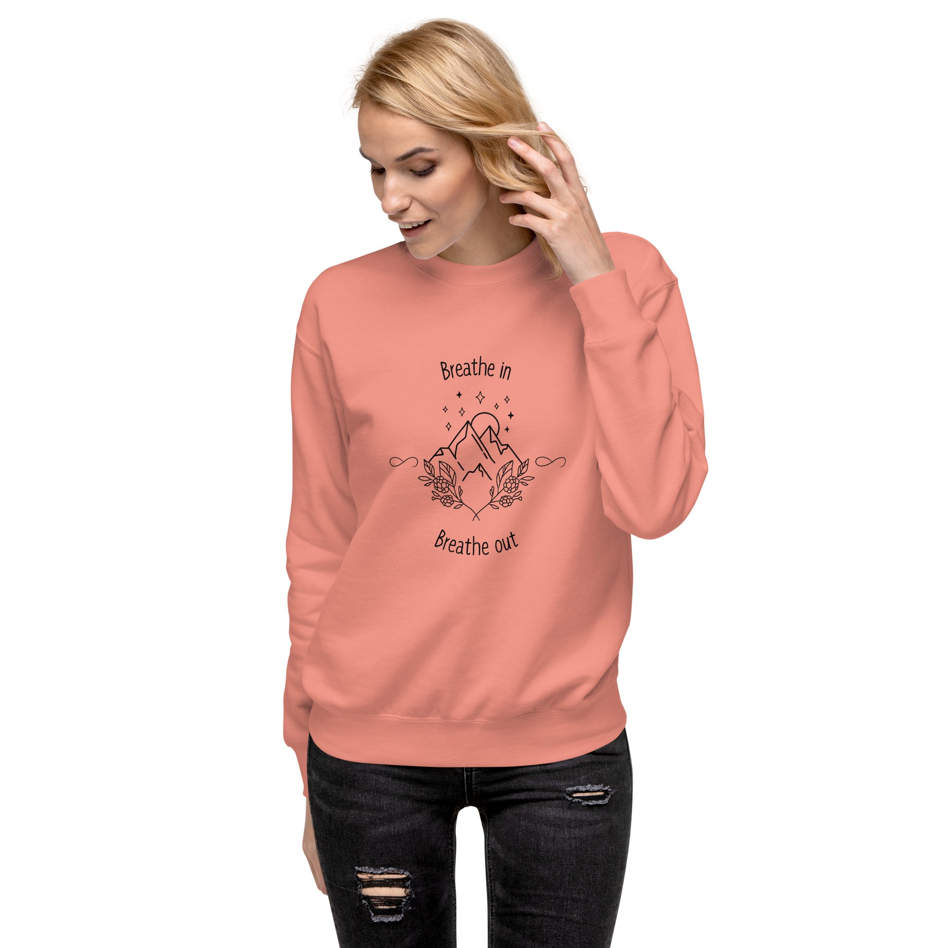 Exhale Sweatshirt - Left Placement image 36: Forest Green version, size 3XL with front view of the Breathe in and Breathe Out range.