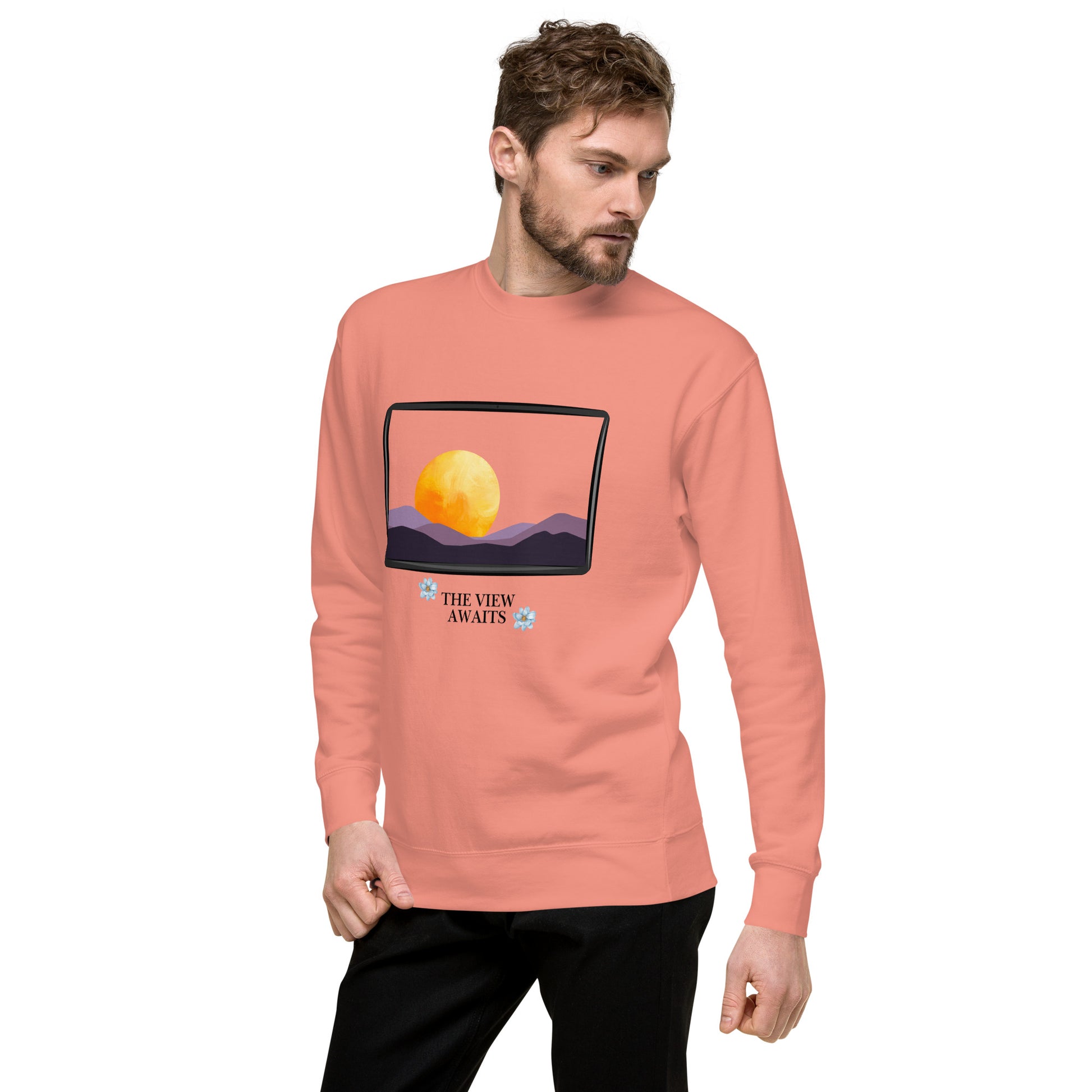Image 63 of Carbon Grey Avenor Sweatshirt, size L, with The View Awaits artwork visible in front view, left-side angle.
