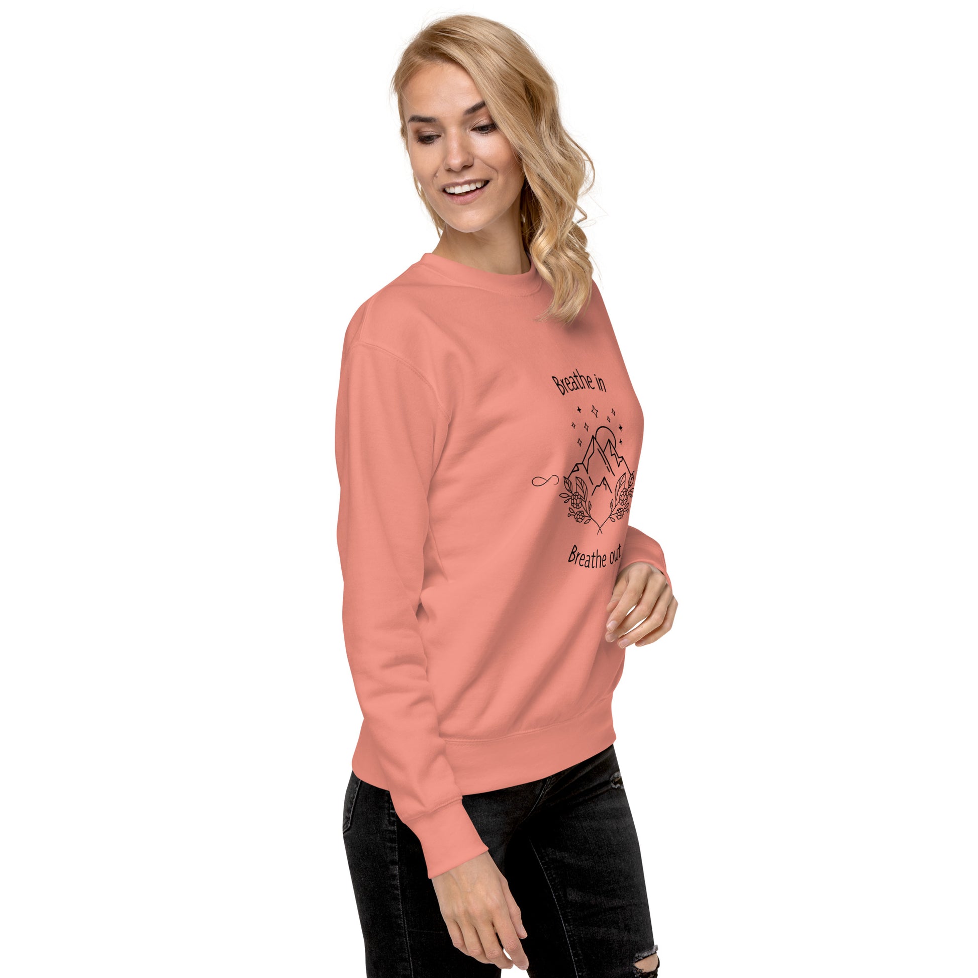 Exhale Sweatshirt - Left Placement image 39: Team Red version, size L with front view, right-side angle of the Breathe in and Breathe Out range.