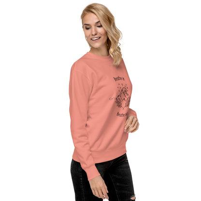 Exhale Sweatshirt - Left Placement image 39: Team Red version, size L with front view, right-side angle of the Breathe in and Breathe Out range.