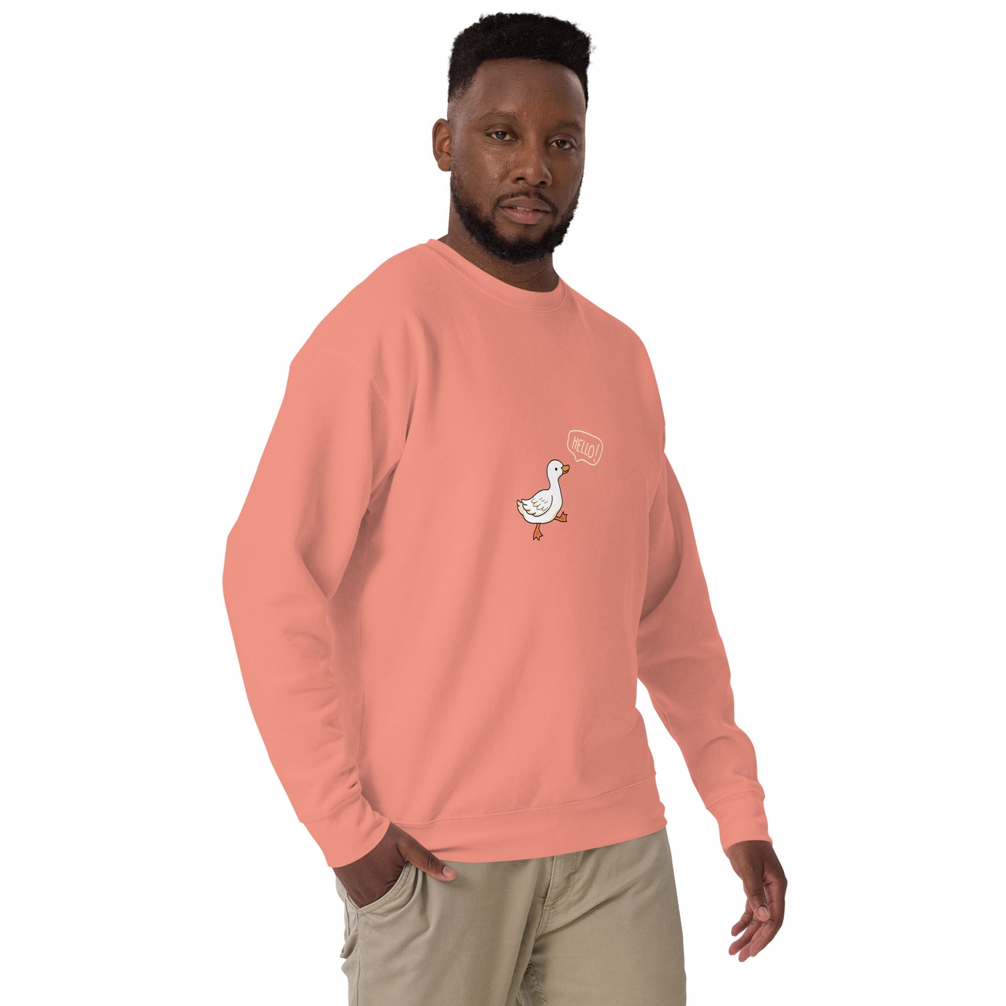 Quacksy Sweatshirt by R.A. Apparel, image 43, front view, right-side angle, Adobe, size L, design placement.
