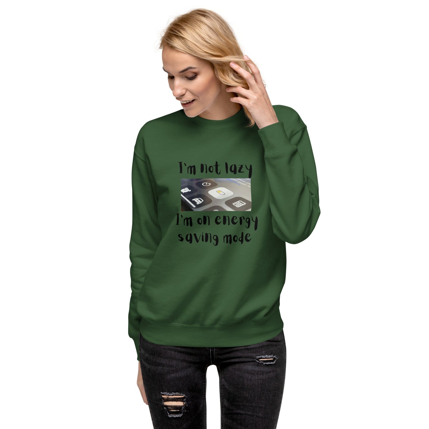 Image 4 of Navy Blazer Low Power Sweatshirt - Left Placement, size XL, with Energy Saving artwork visible in front view.