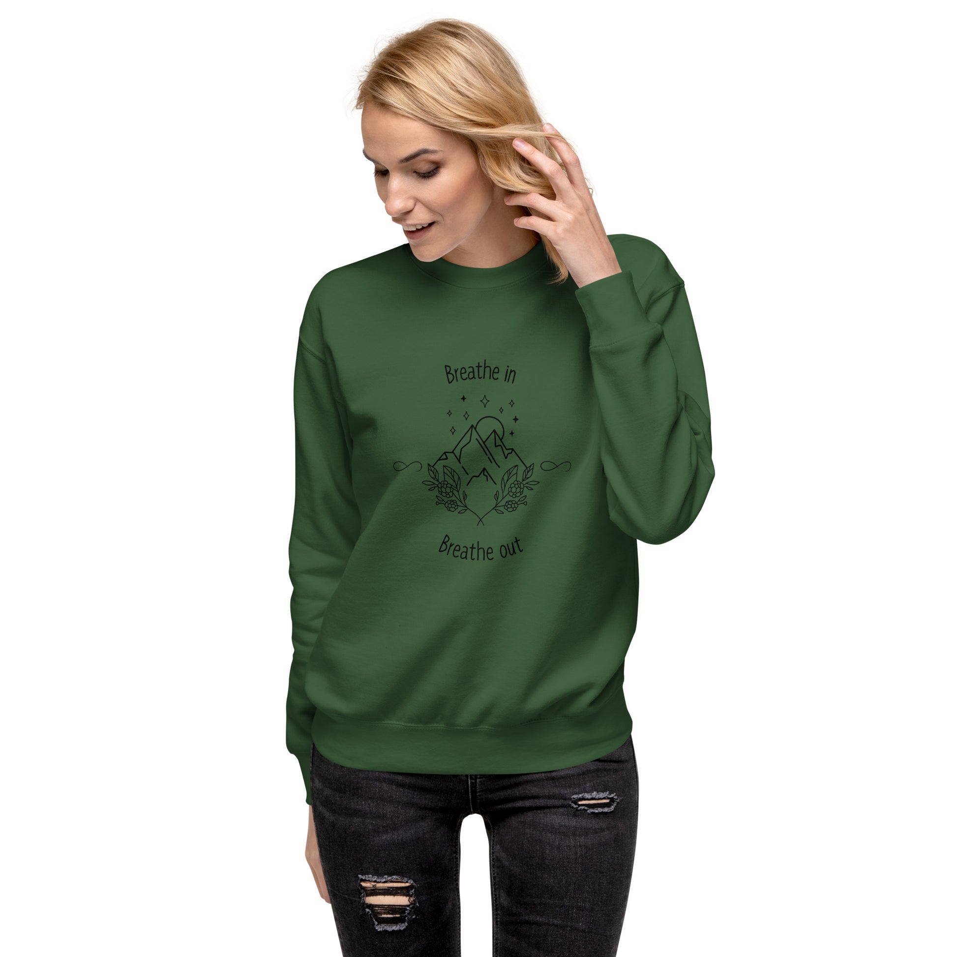 Image 50 of Carbon Grey Exhale Sweatshirt - Left Placement, size M, with Breathe in and Breathe Out artwork visible in front view.