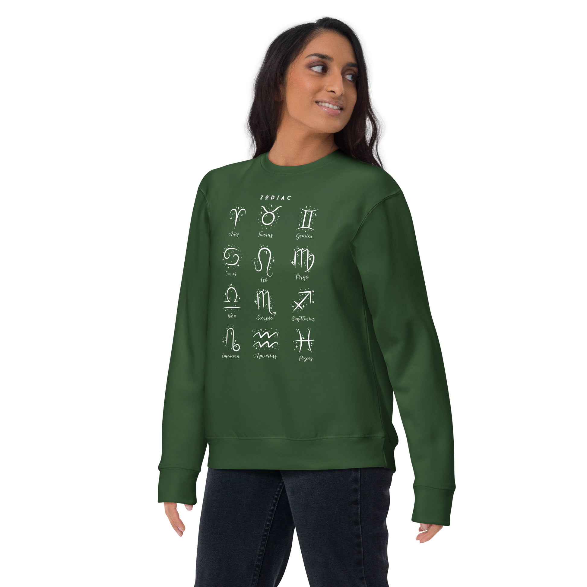 Astral Circle Sweatshirt - Left Placement image 13: Charcoal Heather version, size S with front view of the Zodiac range.