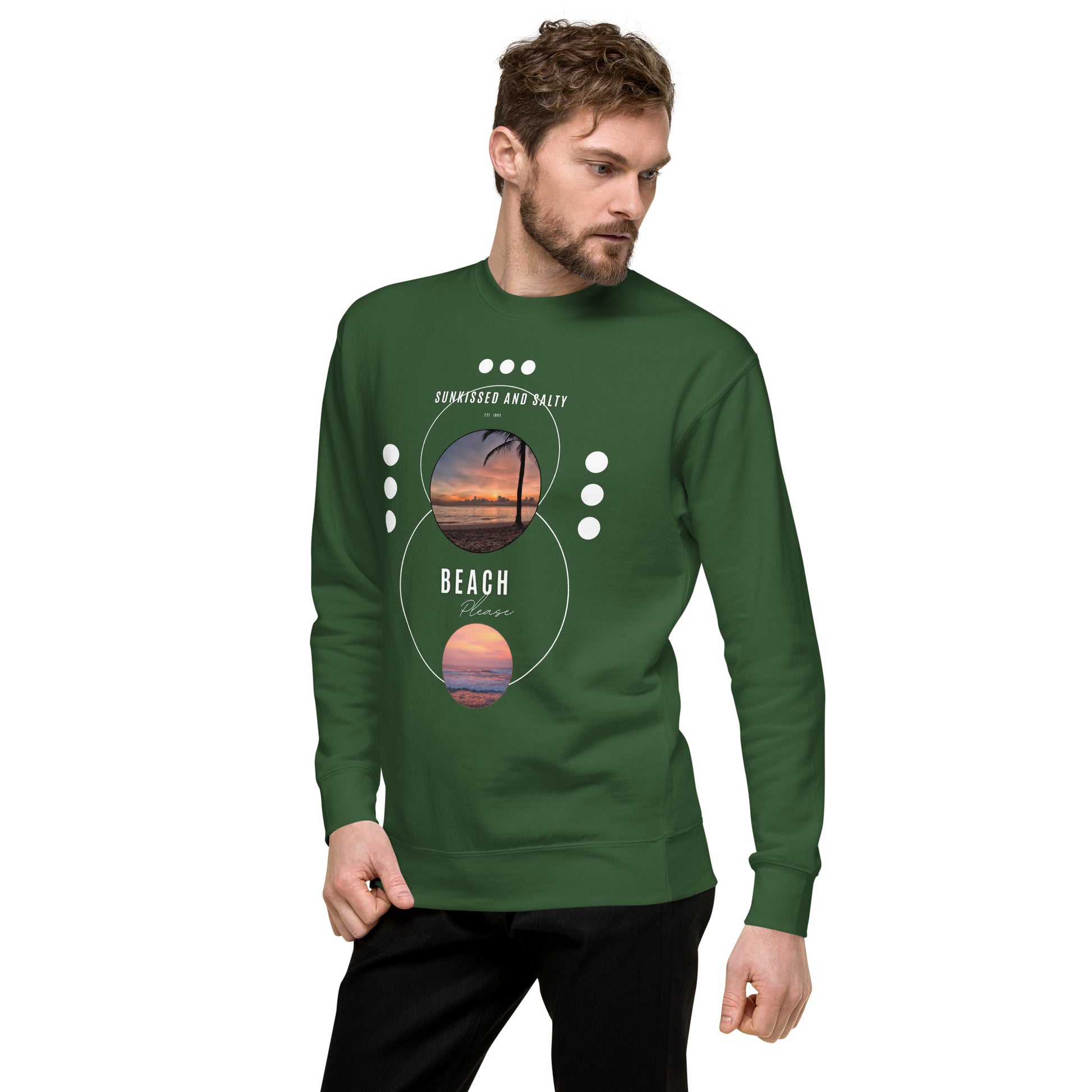Image 45 of Dusty Rose Coastline Attitude Sweatshirt - Left Placement, size L, with Beach Please artwork visible in front view, left-side angle.