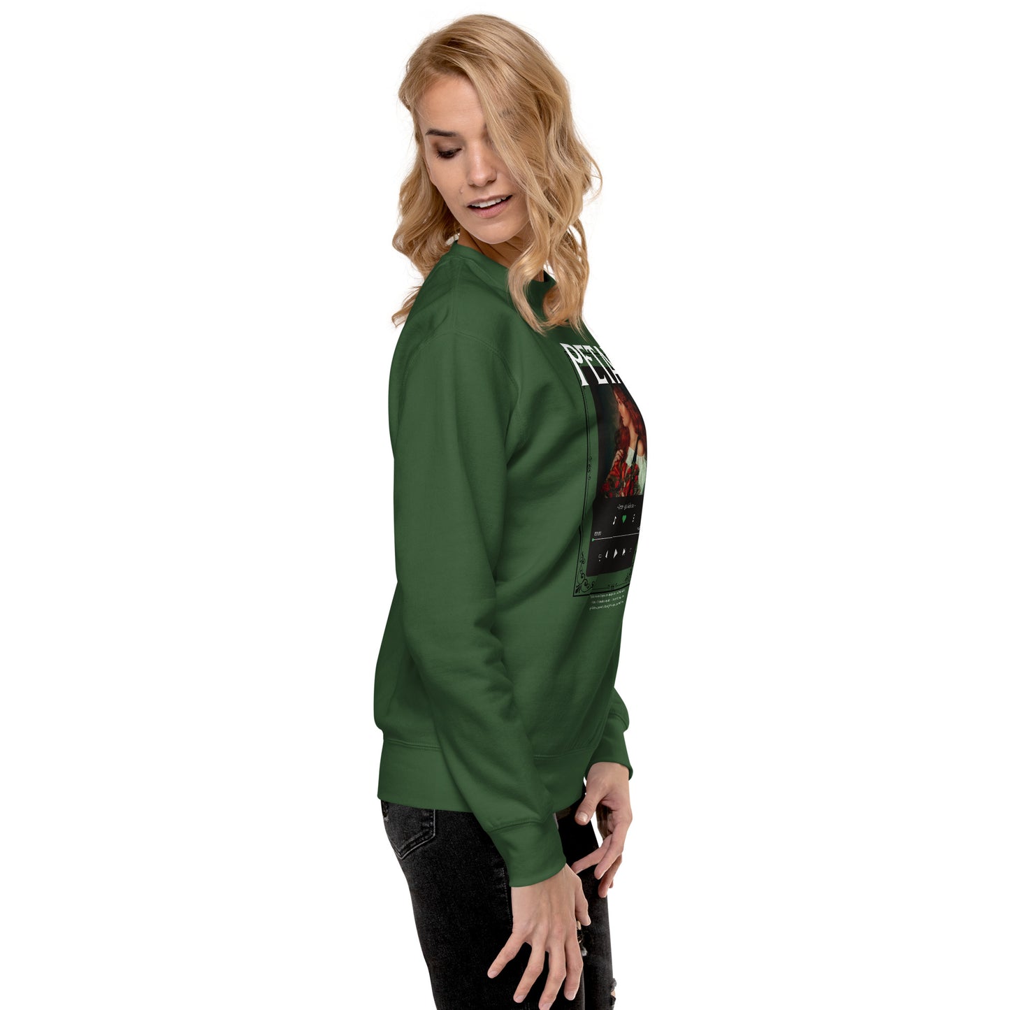 Petaline Sweatshirt by R.A. Apparel, image 48, right-side angle, Latte, size L, design placement.