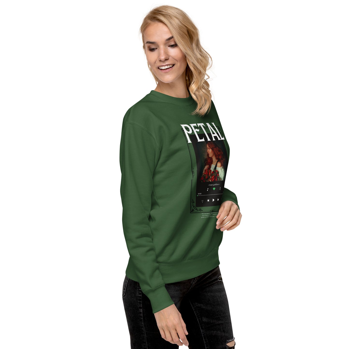 Image 46 of Latte Petaline Sweatshirt, size S, with Petal artwork visible in front view, right-side angle.