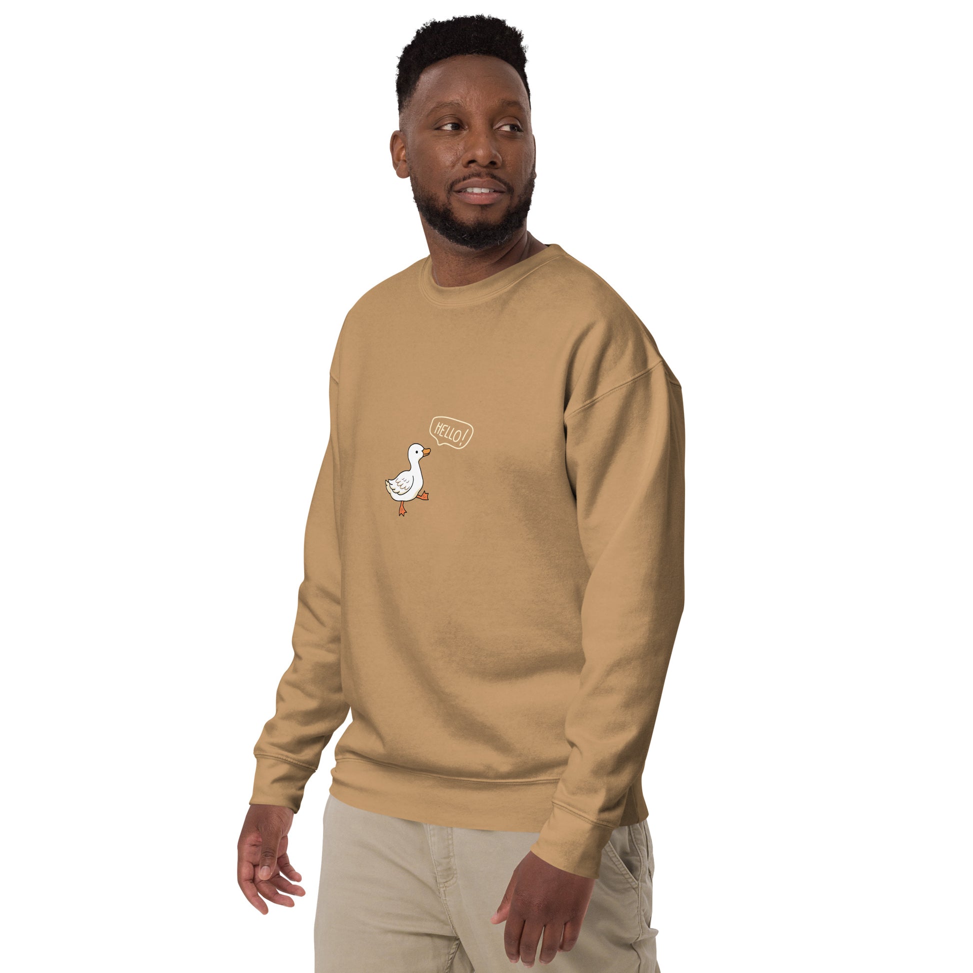 Image 47 of Latte Quacksy Sweatshirt, size M, with Hello Duck artwork visible in front view, left-side angle.