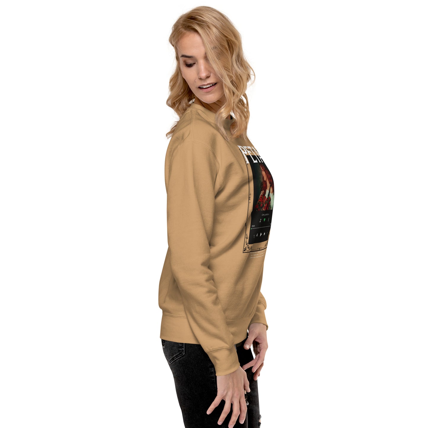 Petaline Sweatshirt by R.A. Apparel, image 83, right-side angle, Bone, size L, design placement.