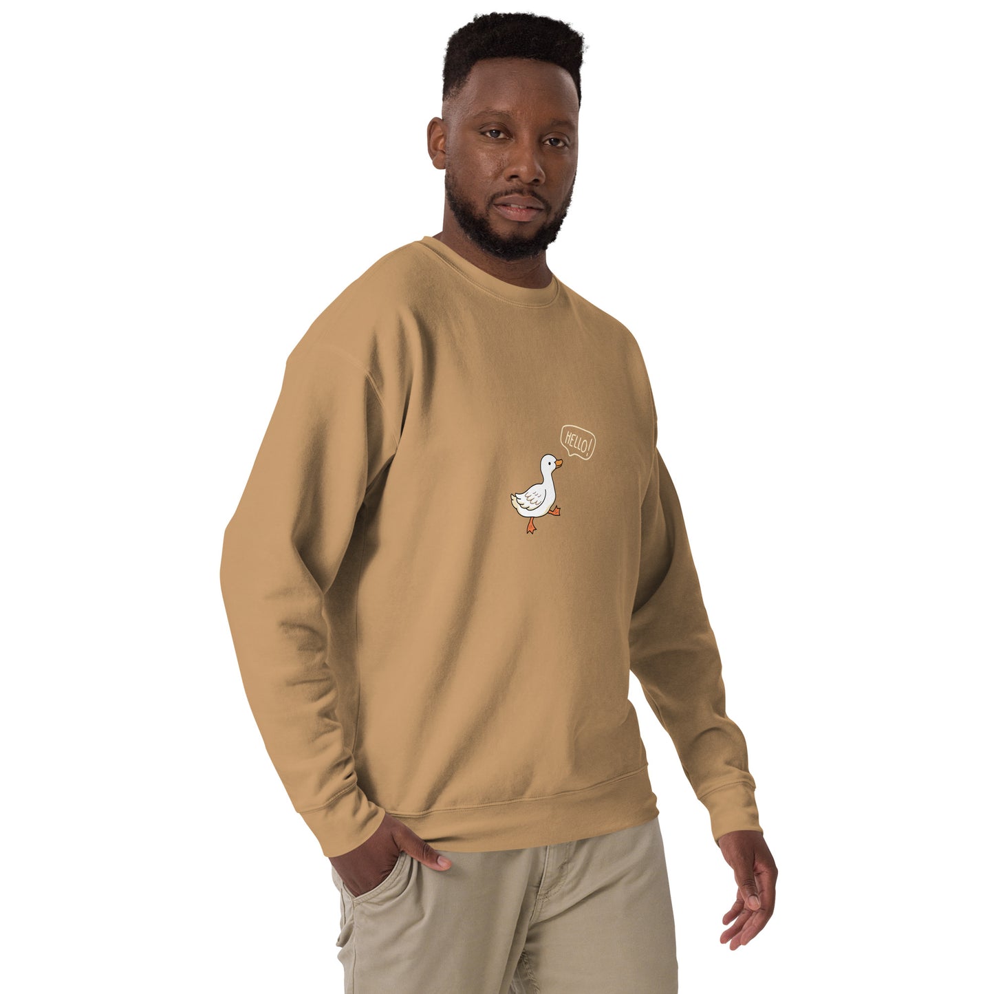 Quacksy Sweatshirt image 48: Latte version, size L with front view, right-side angle of the Hello Duck range.