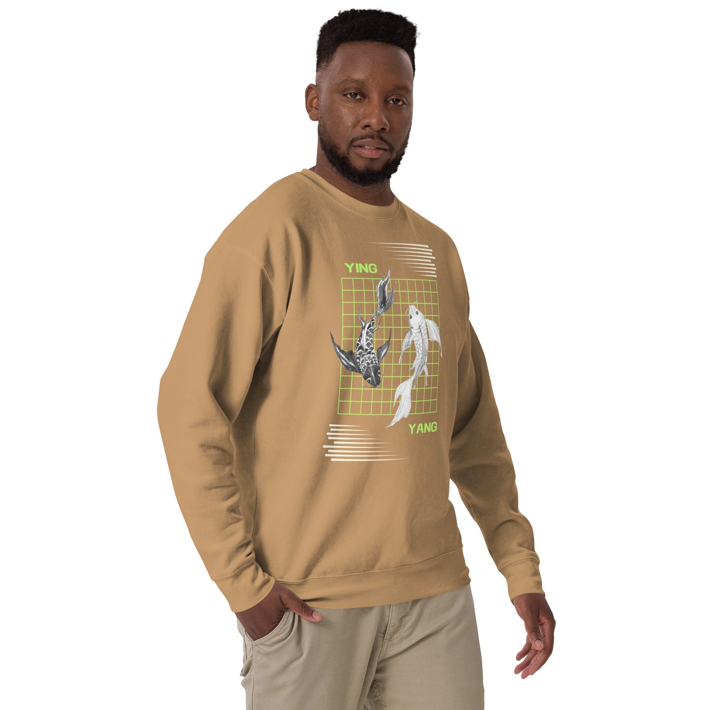 Equinoxe Sweatshirt by R.A. Apparel, image 48, front view, right-side angle, Latte, size L, design placement.