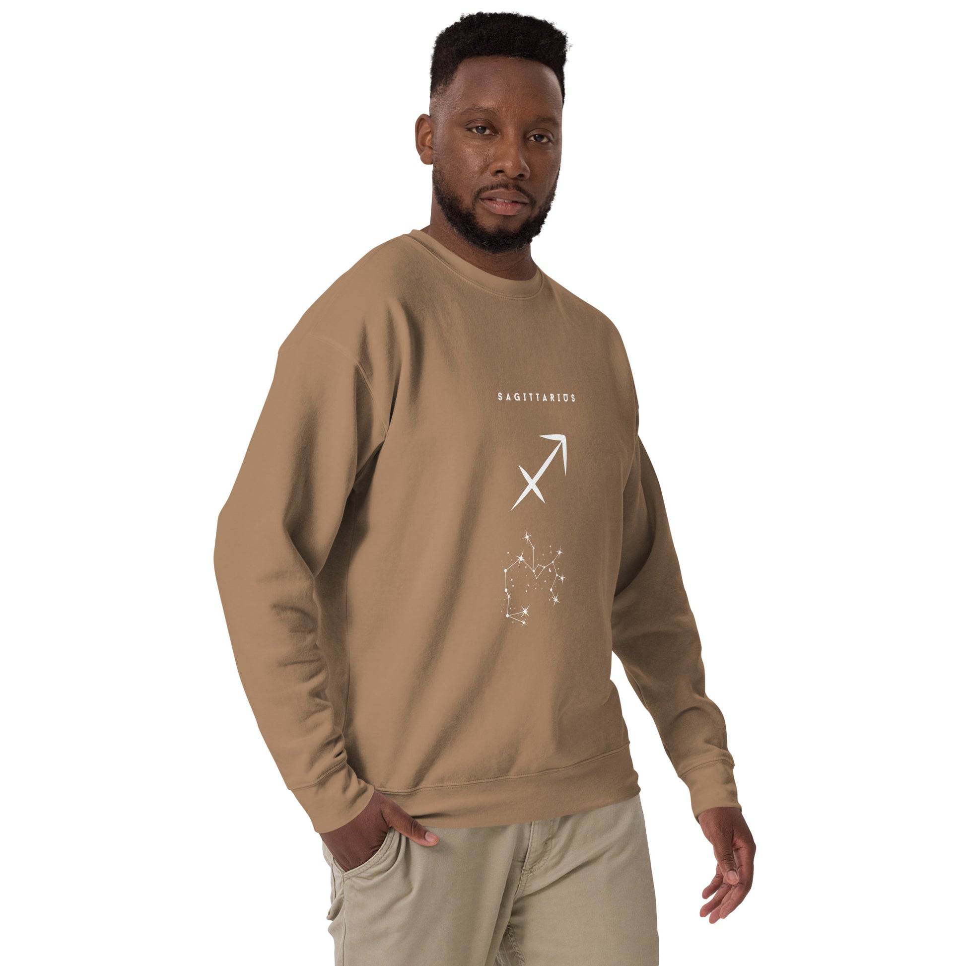 Arrowborne Sweatshirt - Left Placement image 40 in Latte, size XL, showing front view, right-side angle for the Sagittarius design.
