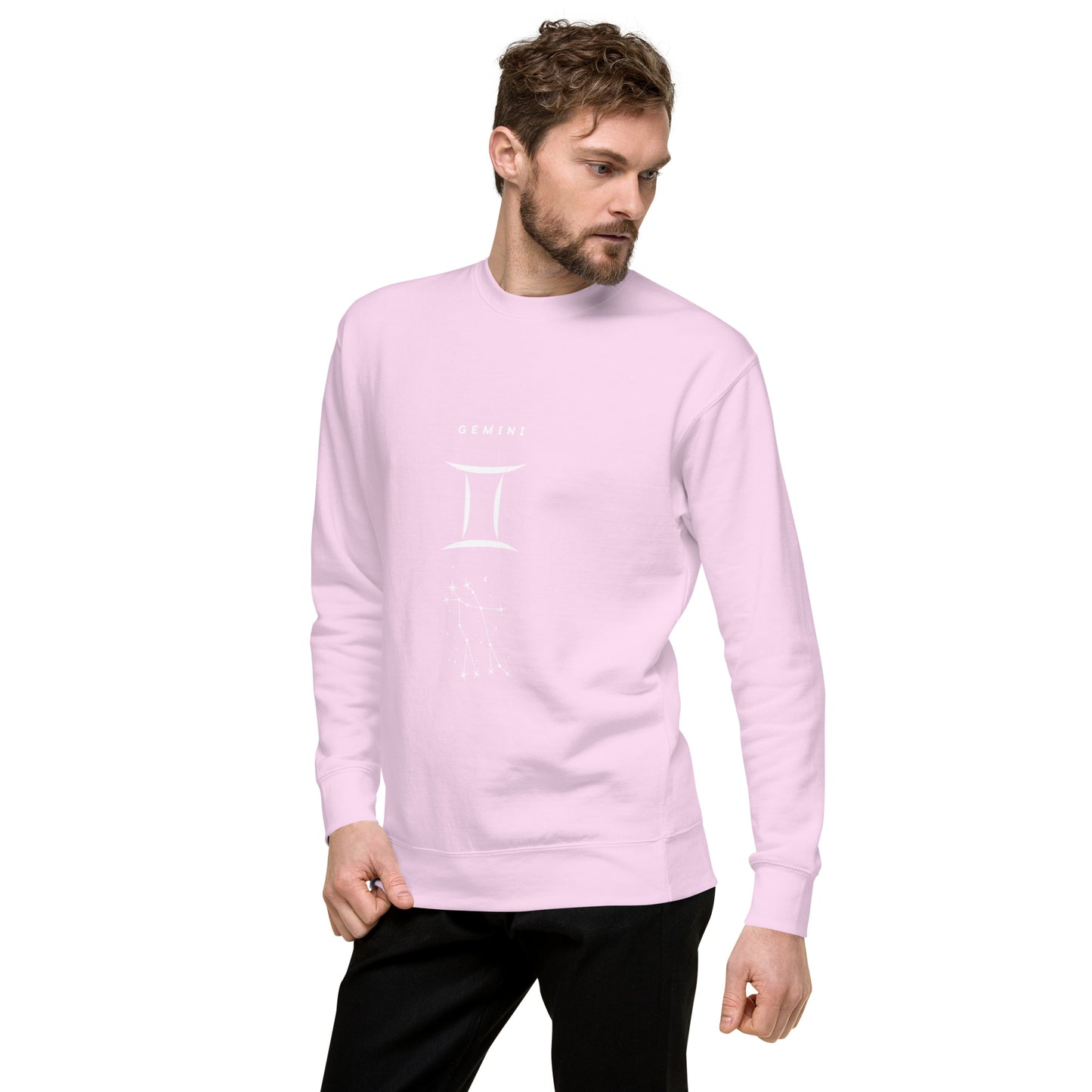Image 93 of selected colour Twin Signal Sweatshirt - Left Placement, with Gemini artwork visible in front view, left-side angle.