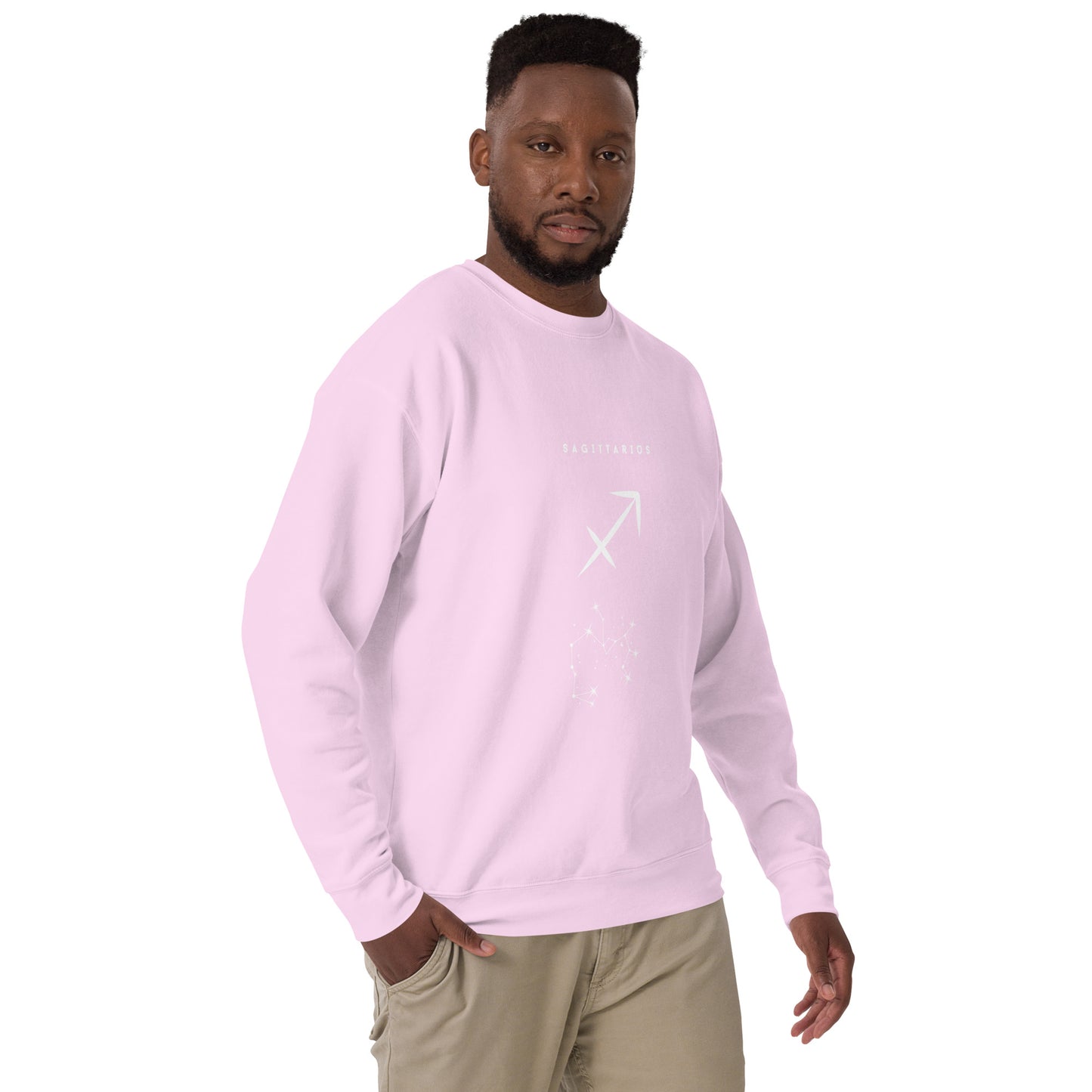 Image 64 of Lavender Arrowborne Sweatshirt - Left Placement, size XL, with Sagittarius artwork visible in front view, right-side angle.