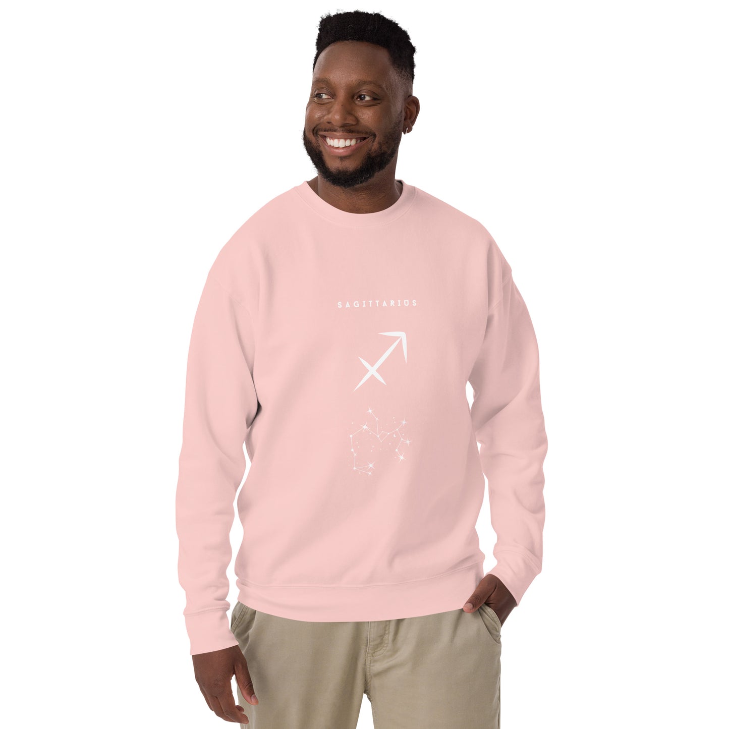 Image 58 of Light Pink Arrowborne Sweatshirt - Left Placement, size M, with Sagittarius artwork visible in front view.