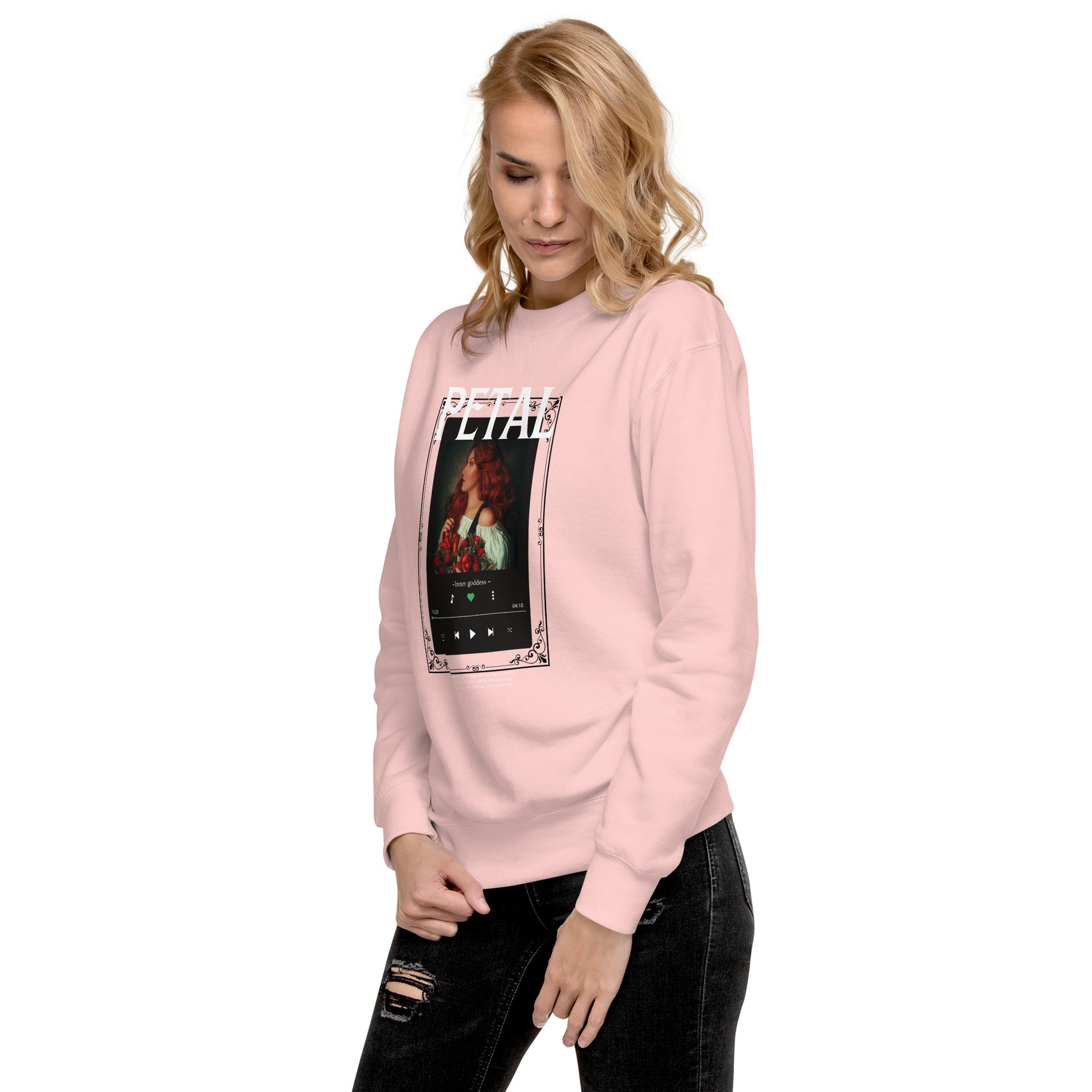 Image 103 of selected colour Petaline Sweatshirt, with Petal artwork visible in front view, left-side angle.