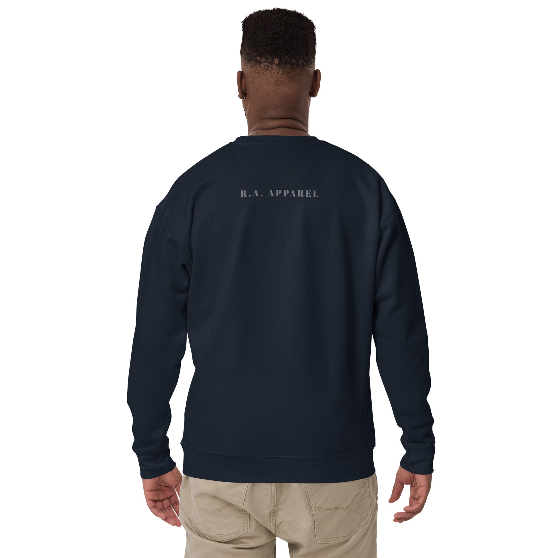 Image 8 of Navy Blazer Forward Kind Sweatshirt - Left Placement, size M, with Pay It Forward artwork visible in back view.