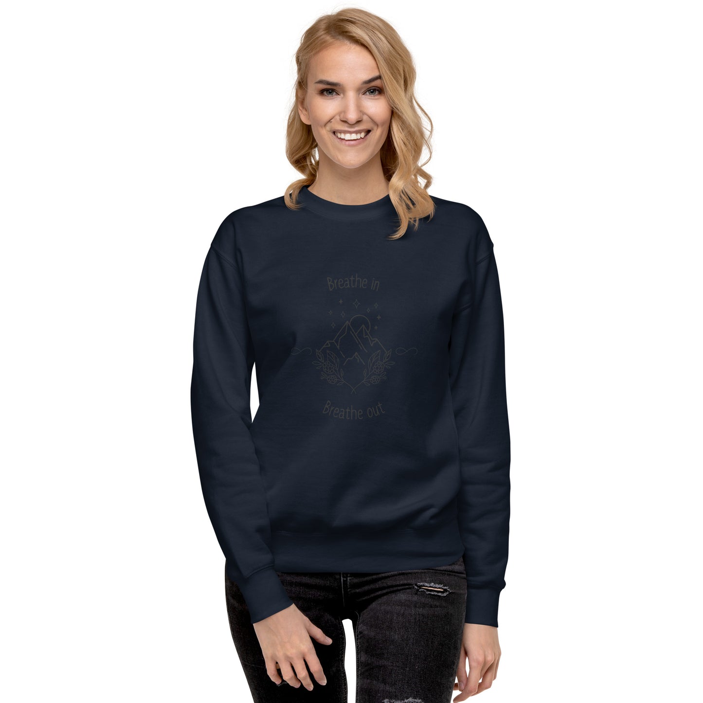 Exhale Sweatshirt - Left Placement image 30 in Vintage Black, size 3XL, showing front view for the Breathe in and Breathe Out design.