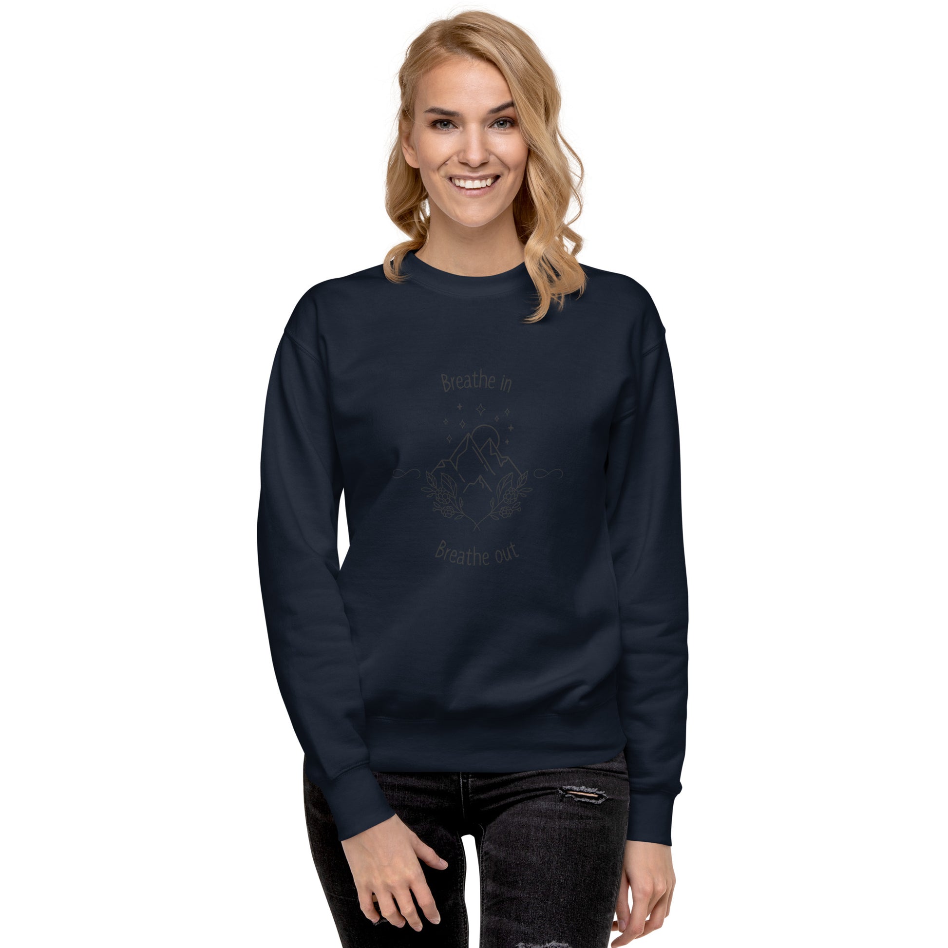 Exhale Sweatshirt - Left Placement image 30 in Vintage Black, size 3XL, showing front view for the Breathe in and Breathe Out design.