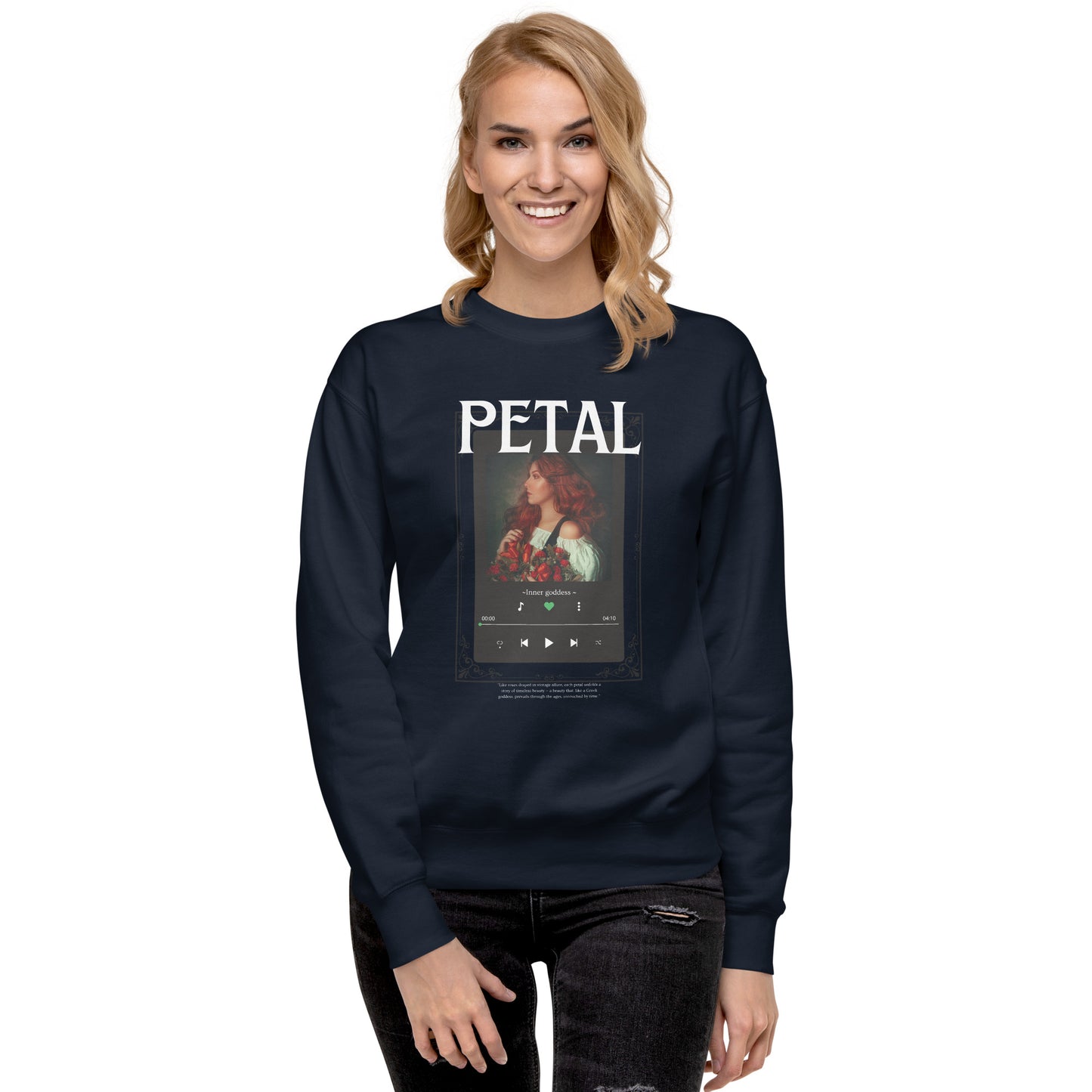 Image 9 of Navy Blazer Petaline Sweatshirt, size XL, with Petal artwork visible in front view.