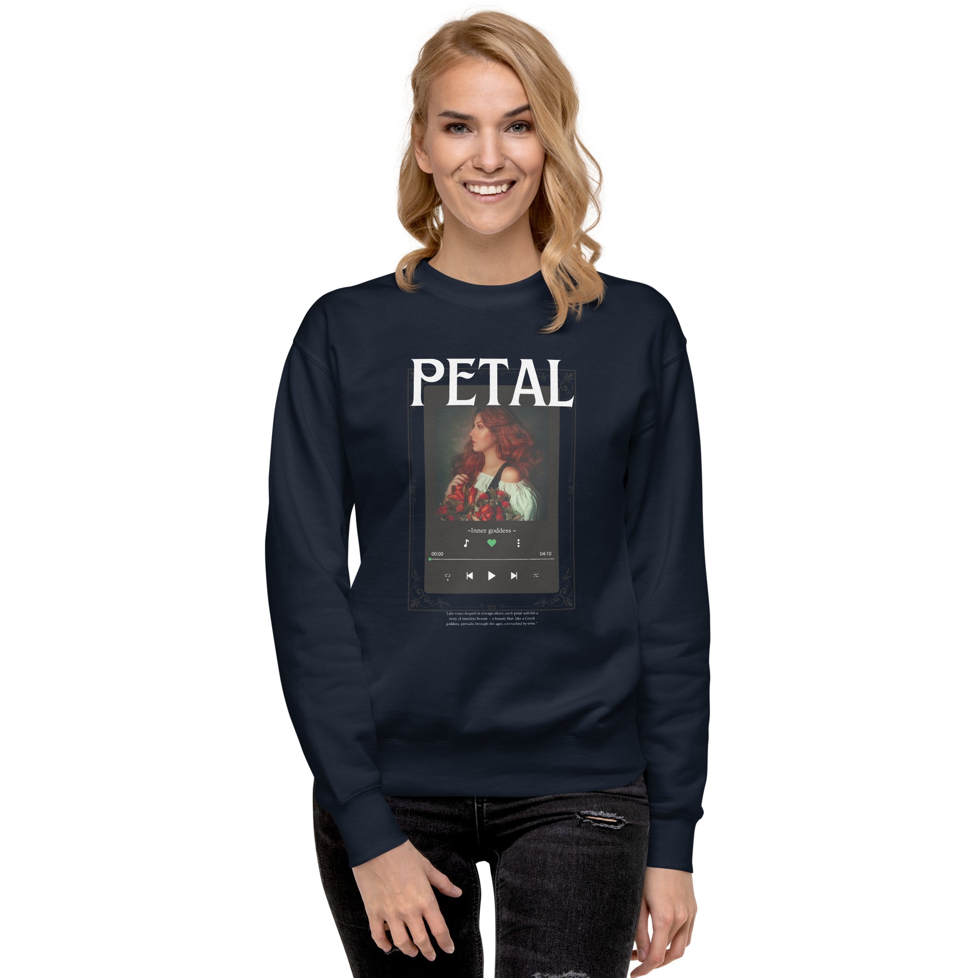 Image 9 of Navy Blazer Petaline Sweatshirt, size XL, with Petal artwork visible in front view.