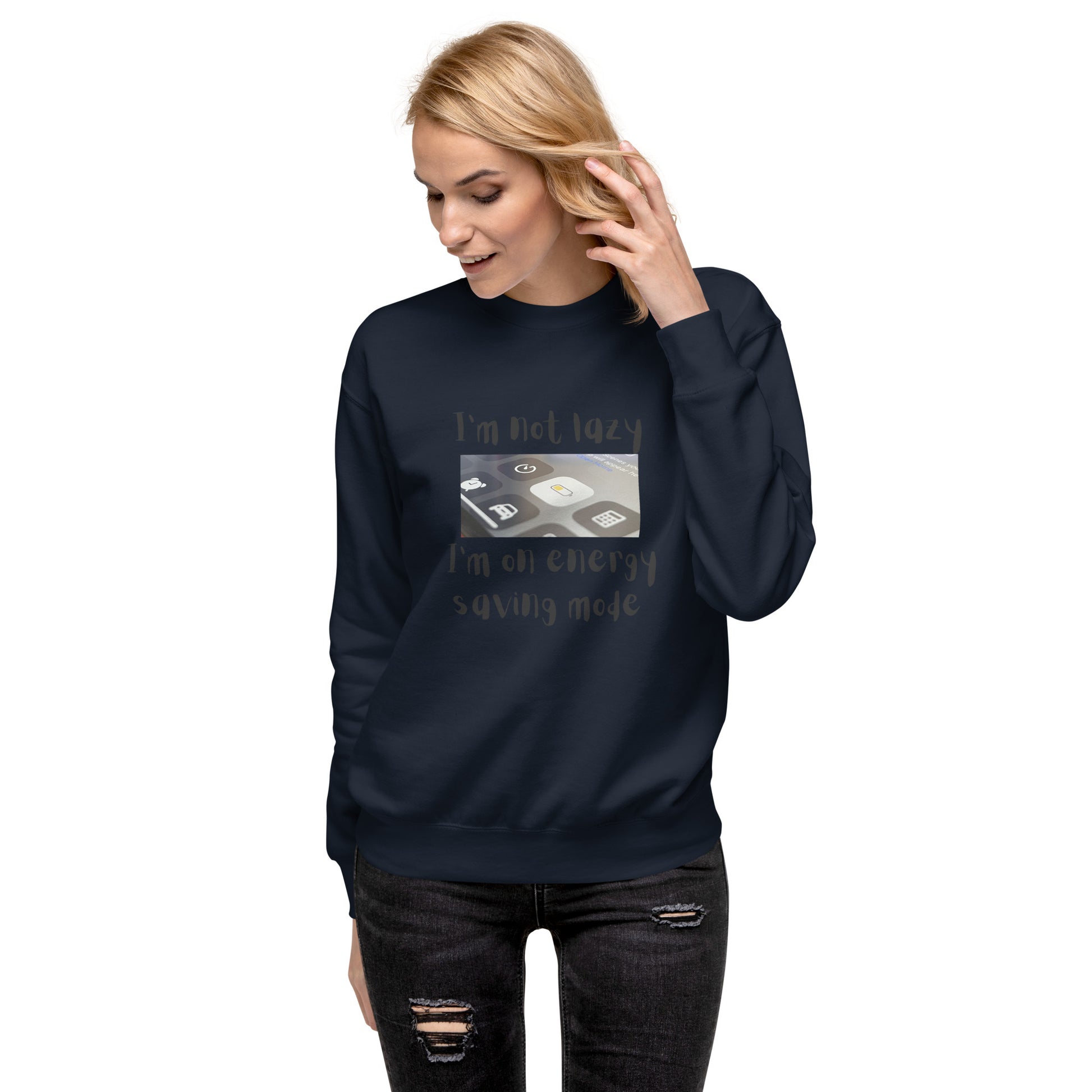 Image 1 of Navy Blazer Low Power Sweatshirt - Left Placement, size S, with Energy Saving artwork visible in front view.