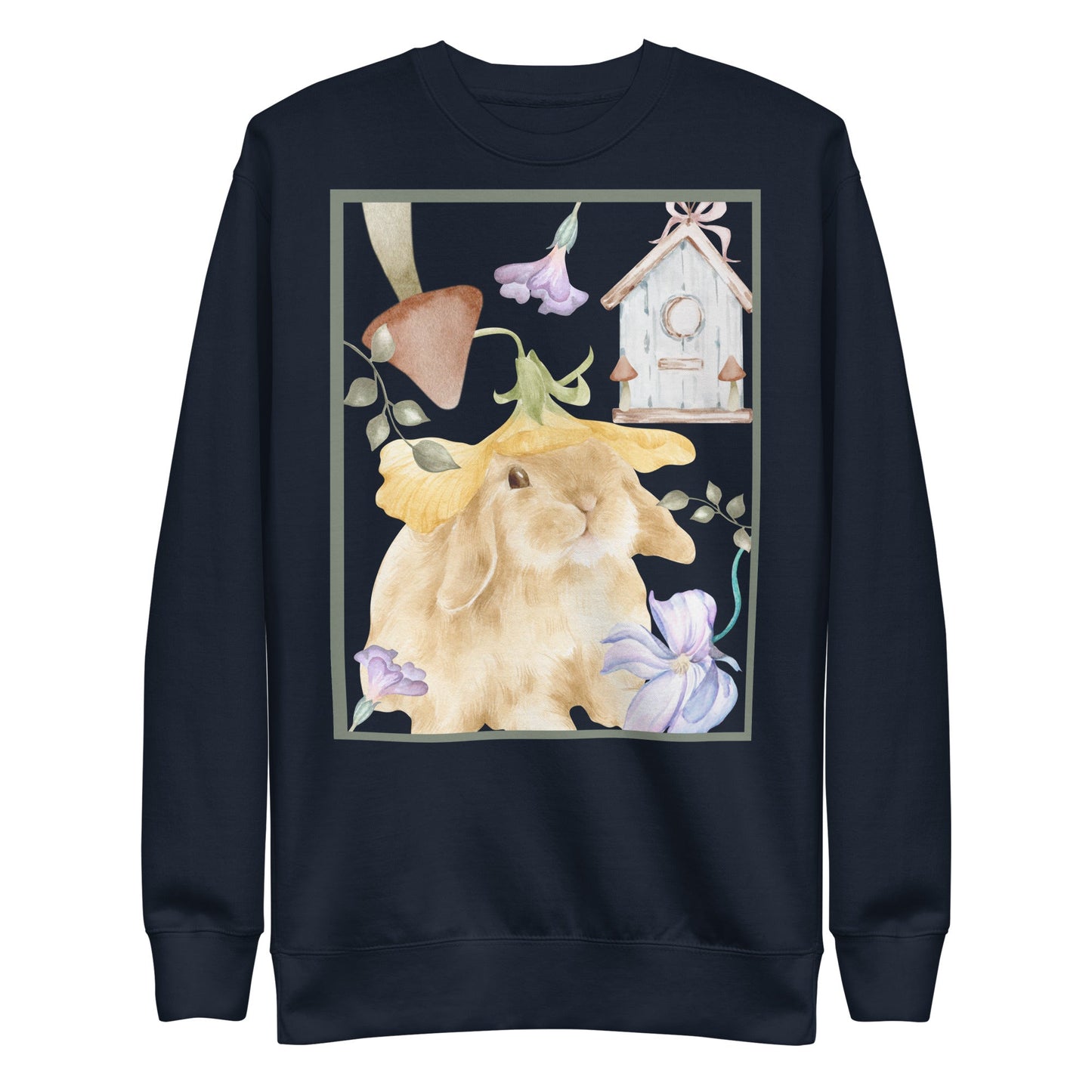 Meadow Club Sweatshirt - Left Placement image 2 in Black, size M, showing front view for the Bunny Collage design.