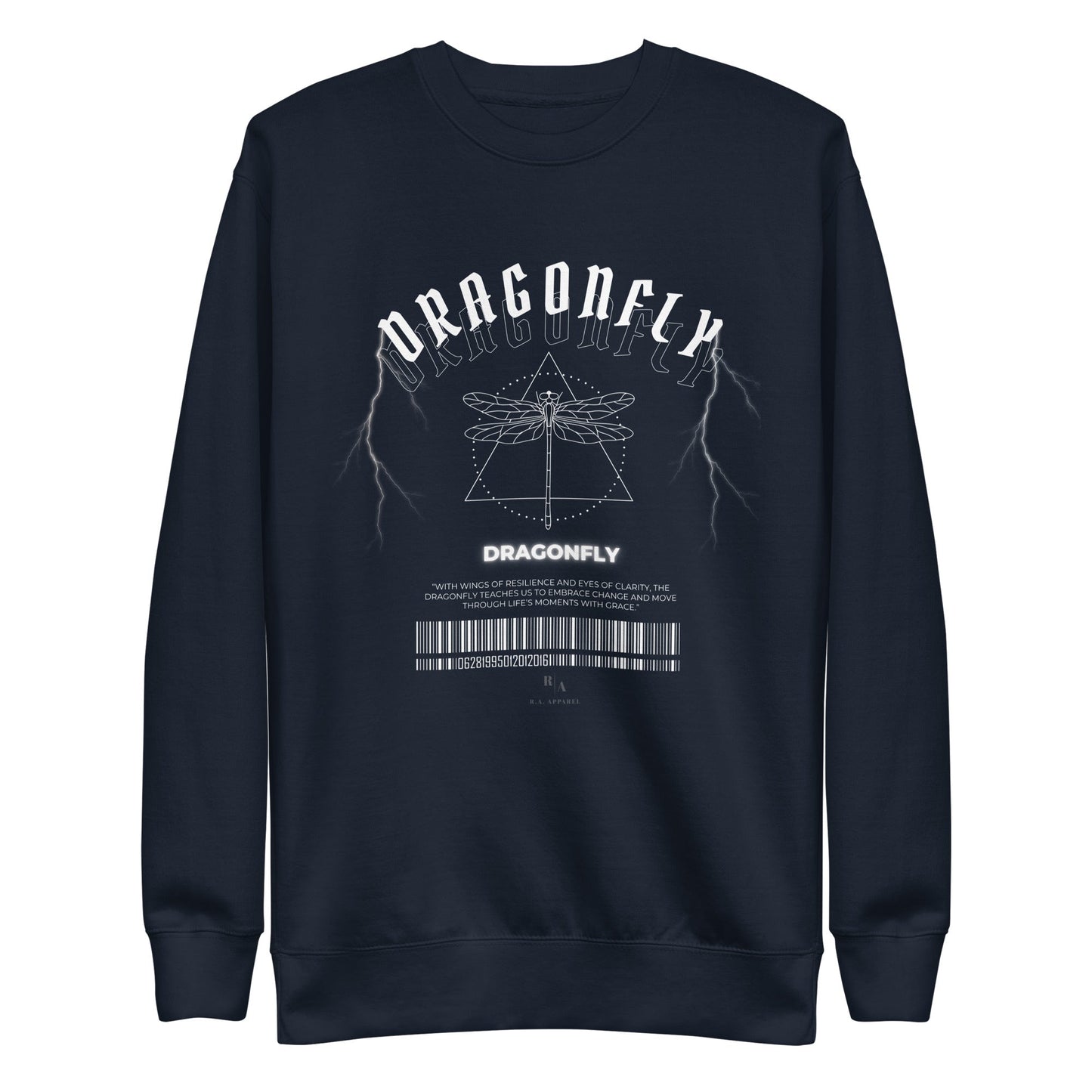 Dragonfly Sweatshirt - Left Placement by R.A. Apparel, image 2, front view, Black, size M, left placement.