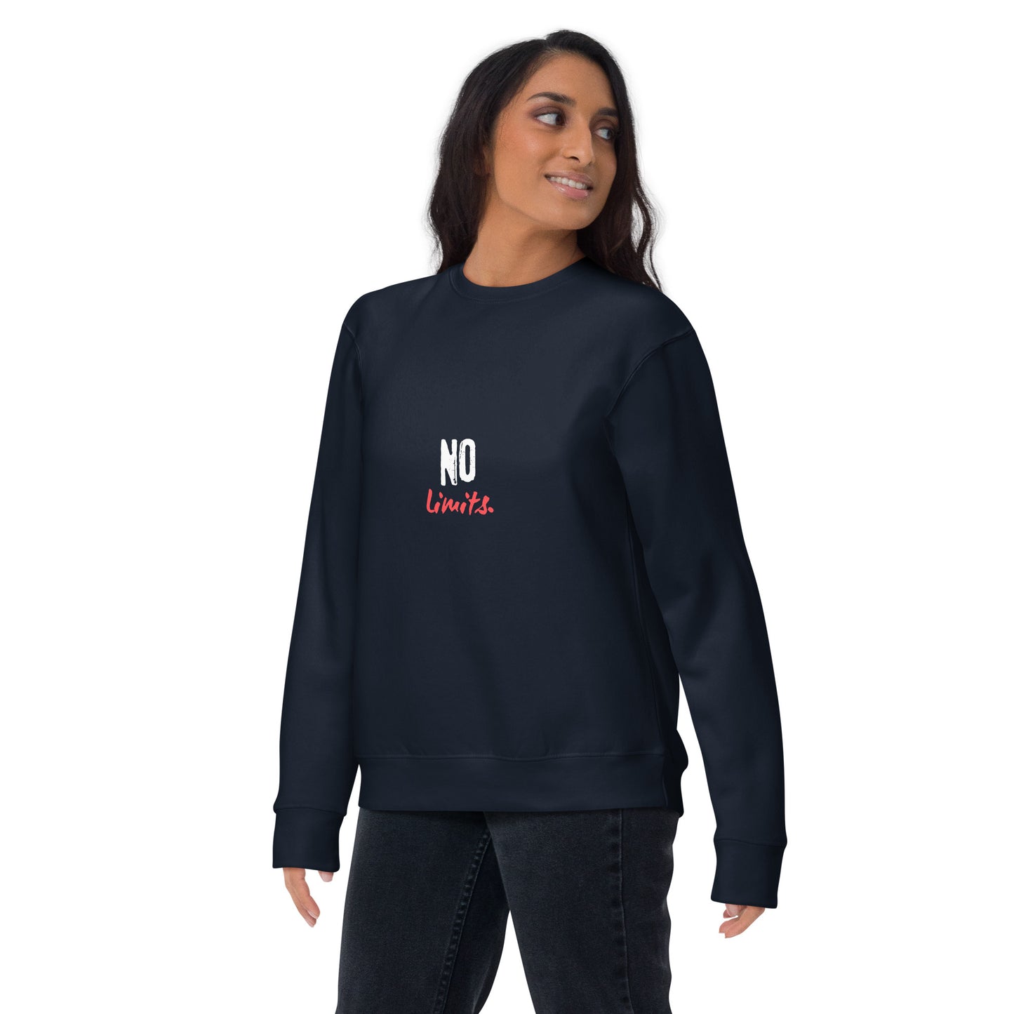 Image 7 of Navy Blazer Limitless Sweatshirt - Left Placement, size S, with No Limits artwork visible in front view.