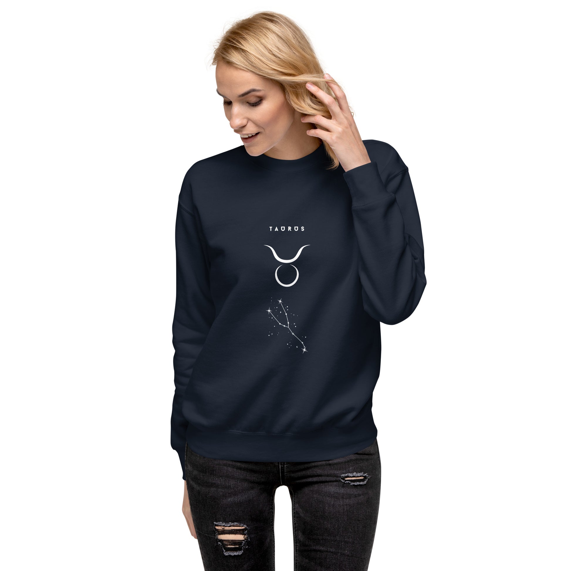 Image 8 of Navy Blazer Bullborne Sweatshirt - Left Placement, size XL, with Taurus artwork visible in front view.