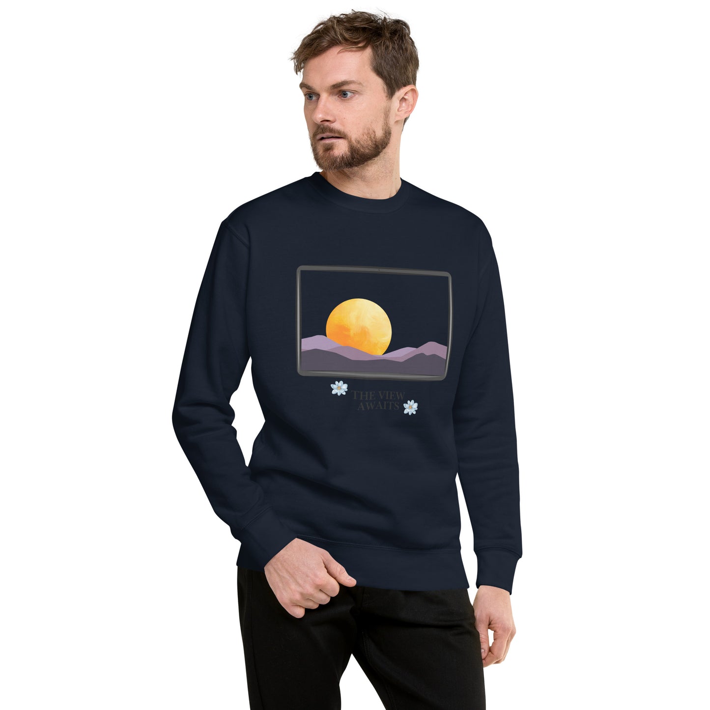 Image 7 of Navy Blazer Avenor Sweatshirt, size M, with The View Awaits artwork visible in front view.